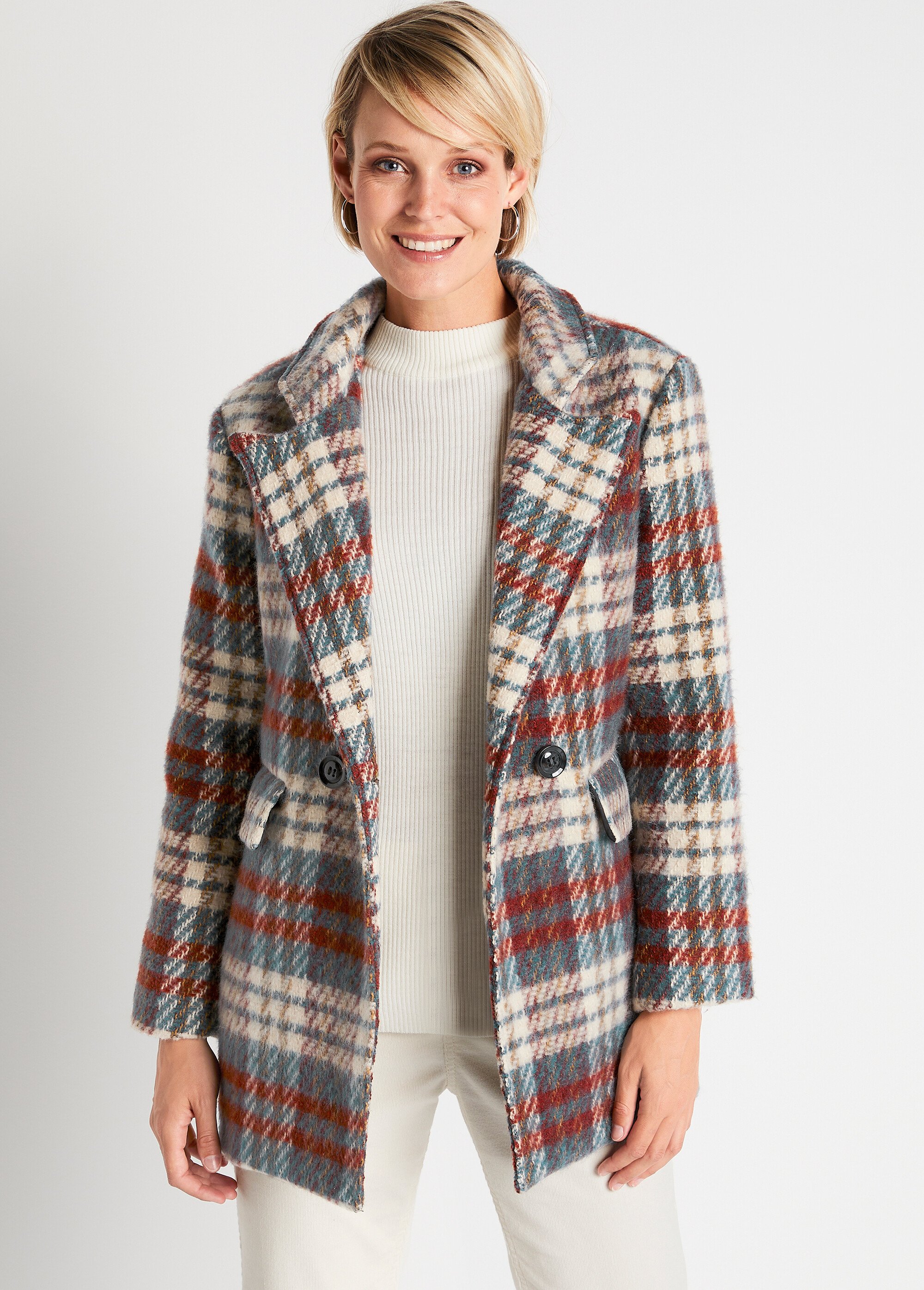 Manteau hiver court tissu chaud carreaux