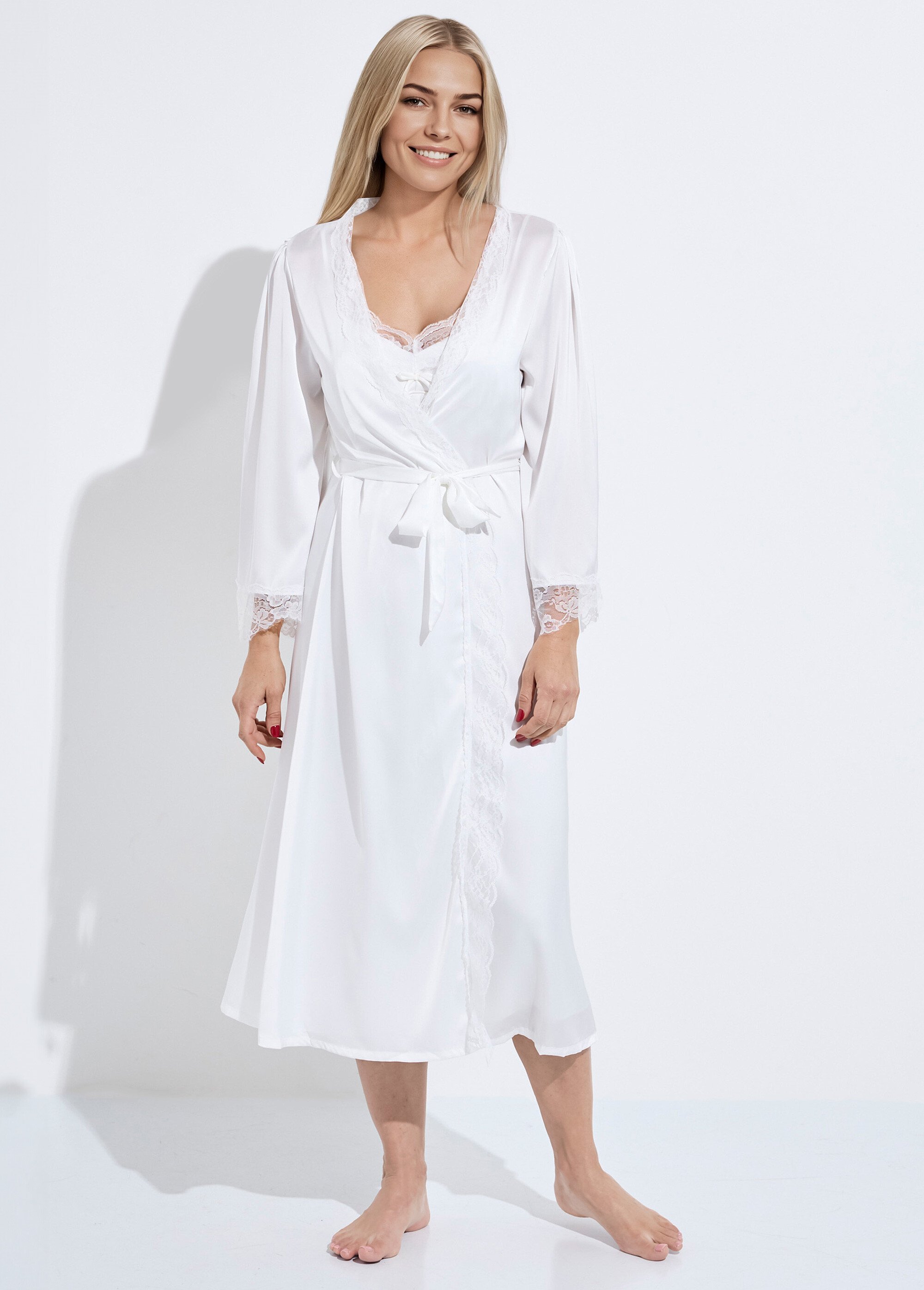 Nuisette longue en satin + déshabillé Femme Blanc SUNPJ-8316 DE2