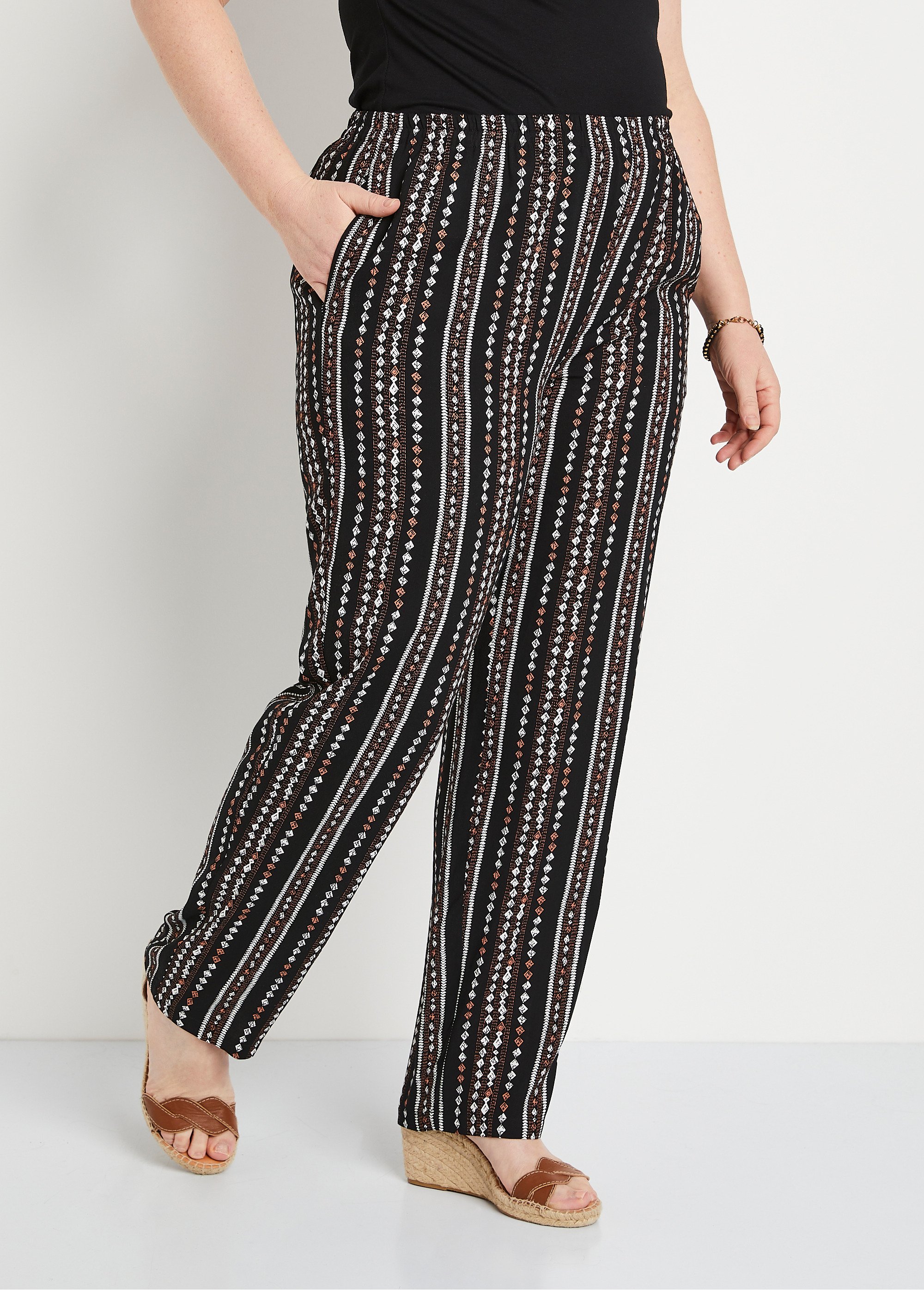 Pantalon imprimé taille élastiquée Femme Grande Taille Noir NECTARINE FA2