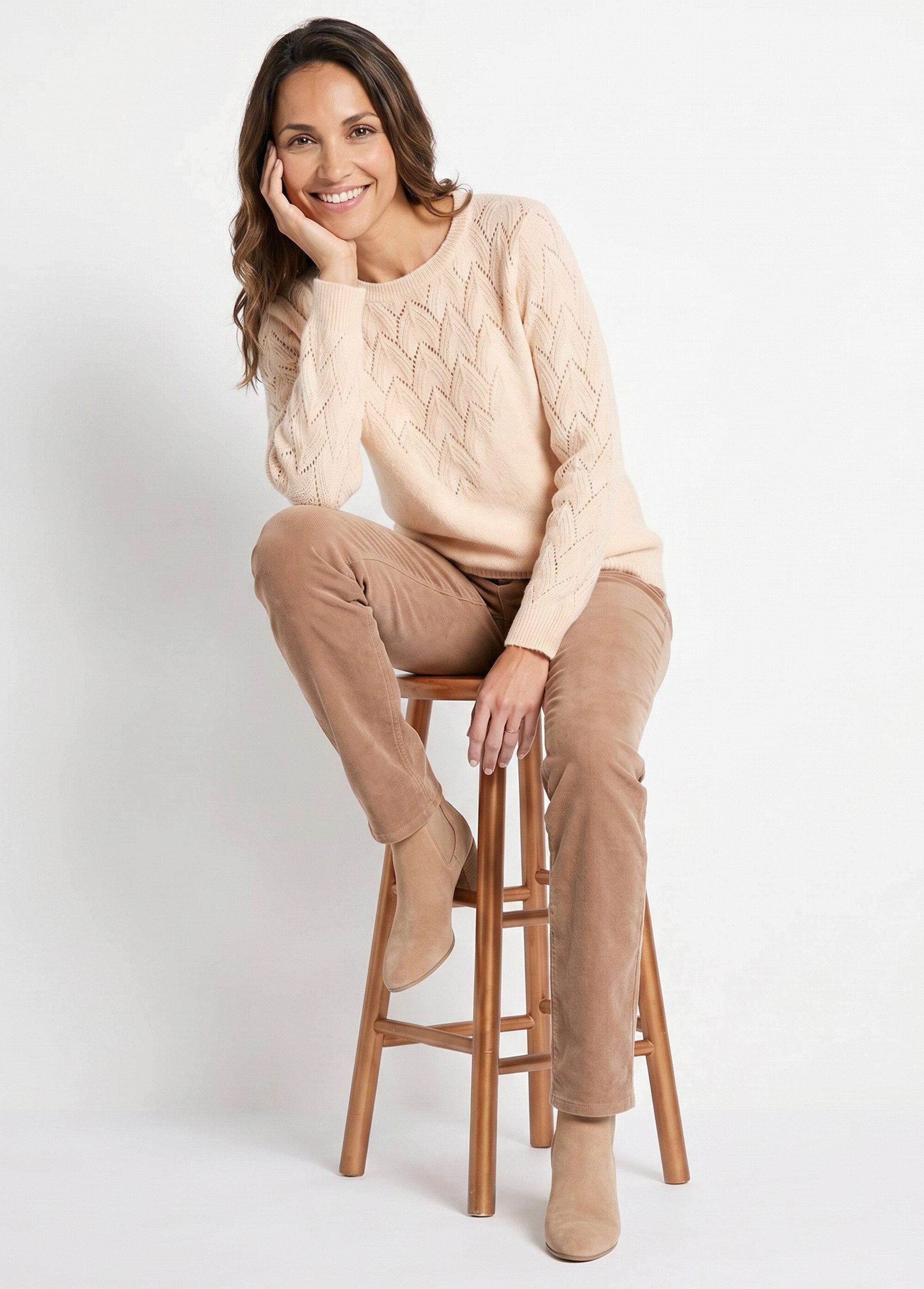 Pull doux uni col rond maille fantaisie Femme Beige PEUTON SI1