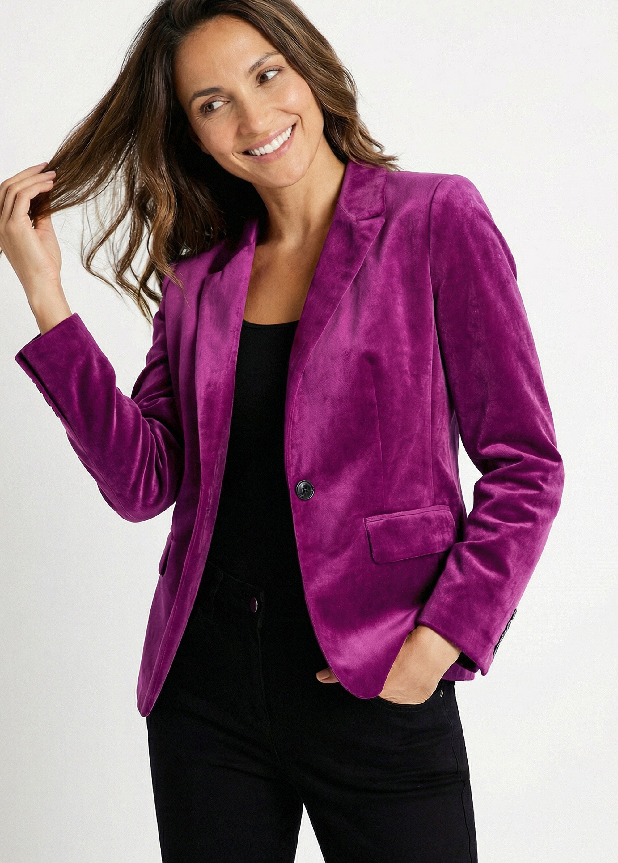 Veste blazer droite velours uni col tailleur