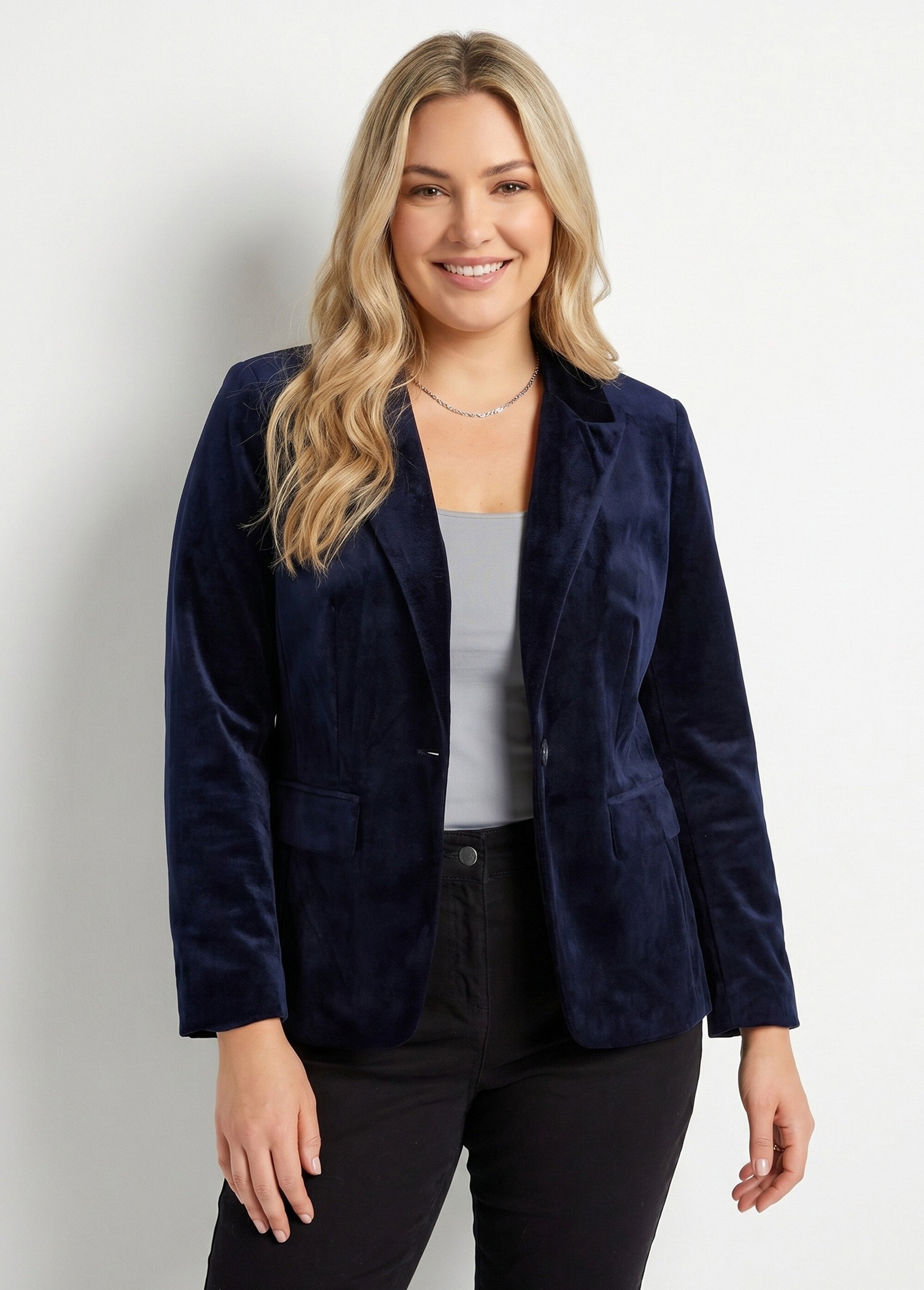 Veste blazer droite velours uni col tailleur Femme Grande Taille Bleu TIBUS FA1