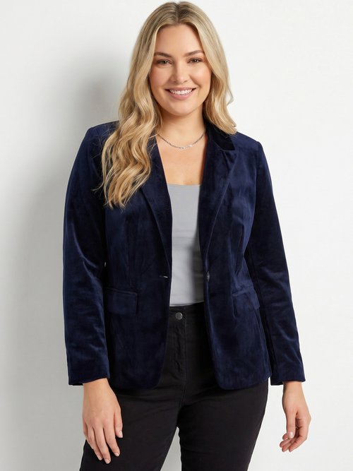 Veste blazer droite velours uni col tailleur Femme Grande Taille Bleu TIBUS FA1