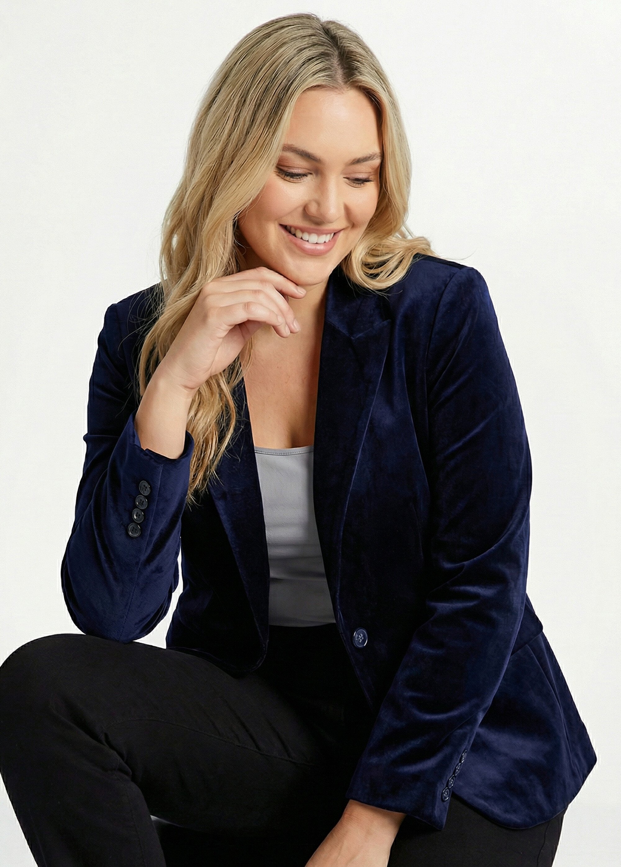 Veste blazer droite velours uni col tailleur Femme Grande Taille Bleu TIBUS MV1