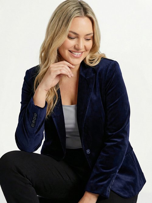 Veste blazer droite velours uni col tailleur Femme Grande Taille Bleu TIBUS MV1