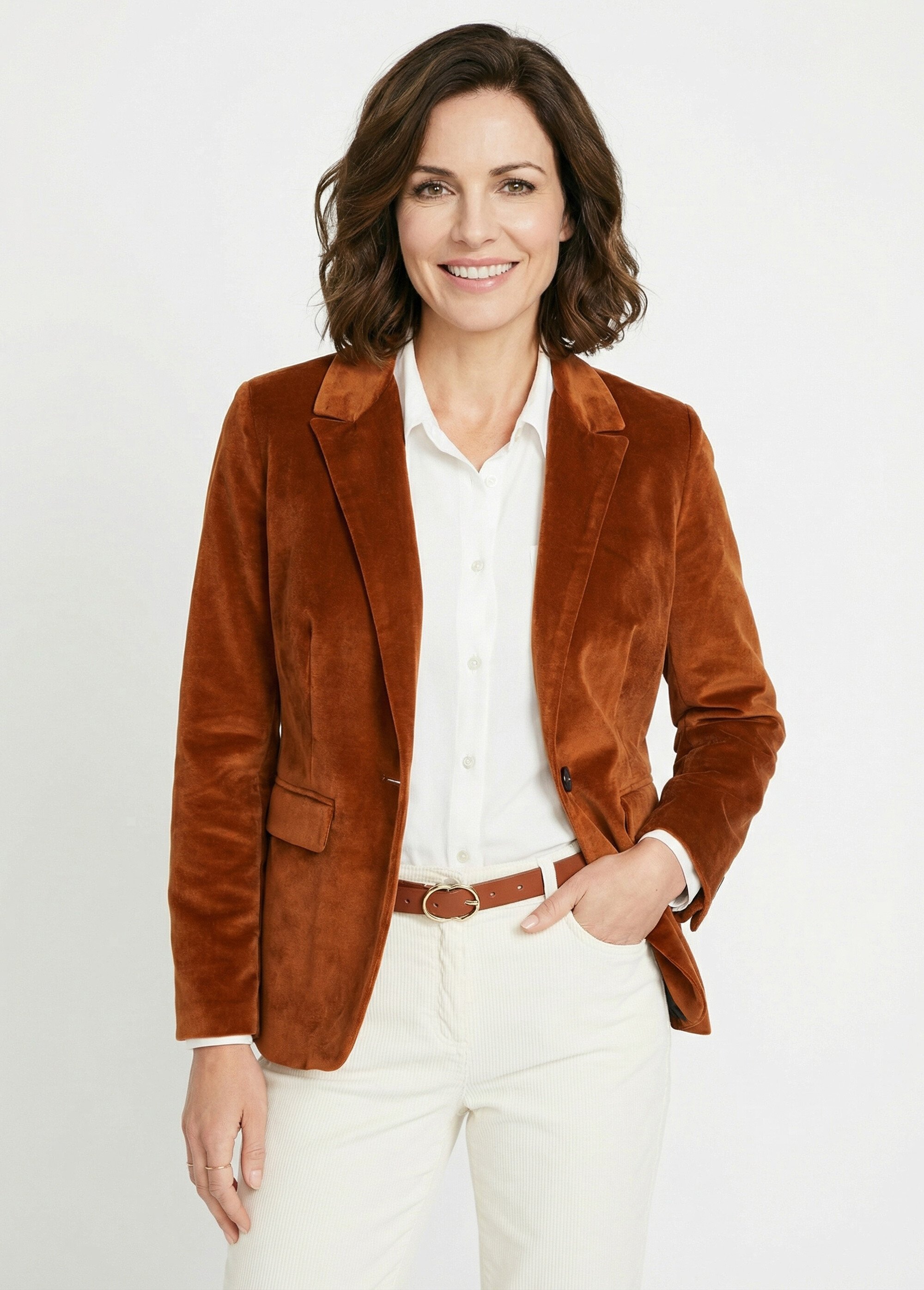 Veste blazer droite velours uni col tailleur Femme Marron TIBUS FA1