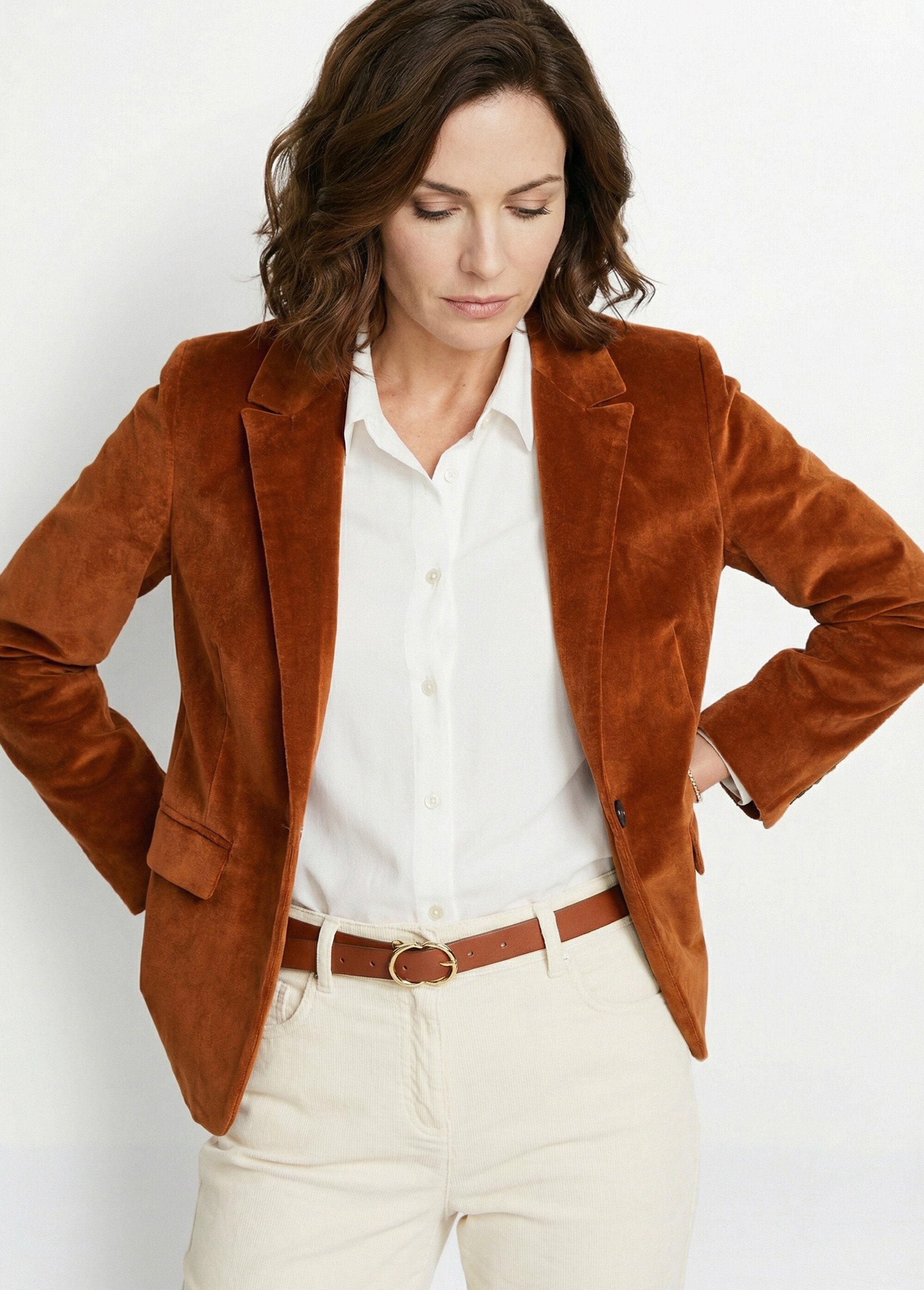 Veste blazer droite velours uni col tailleur Femme Marron TIBUS MV1