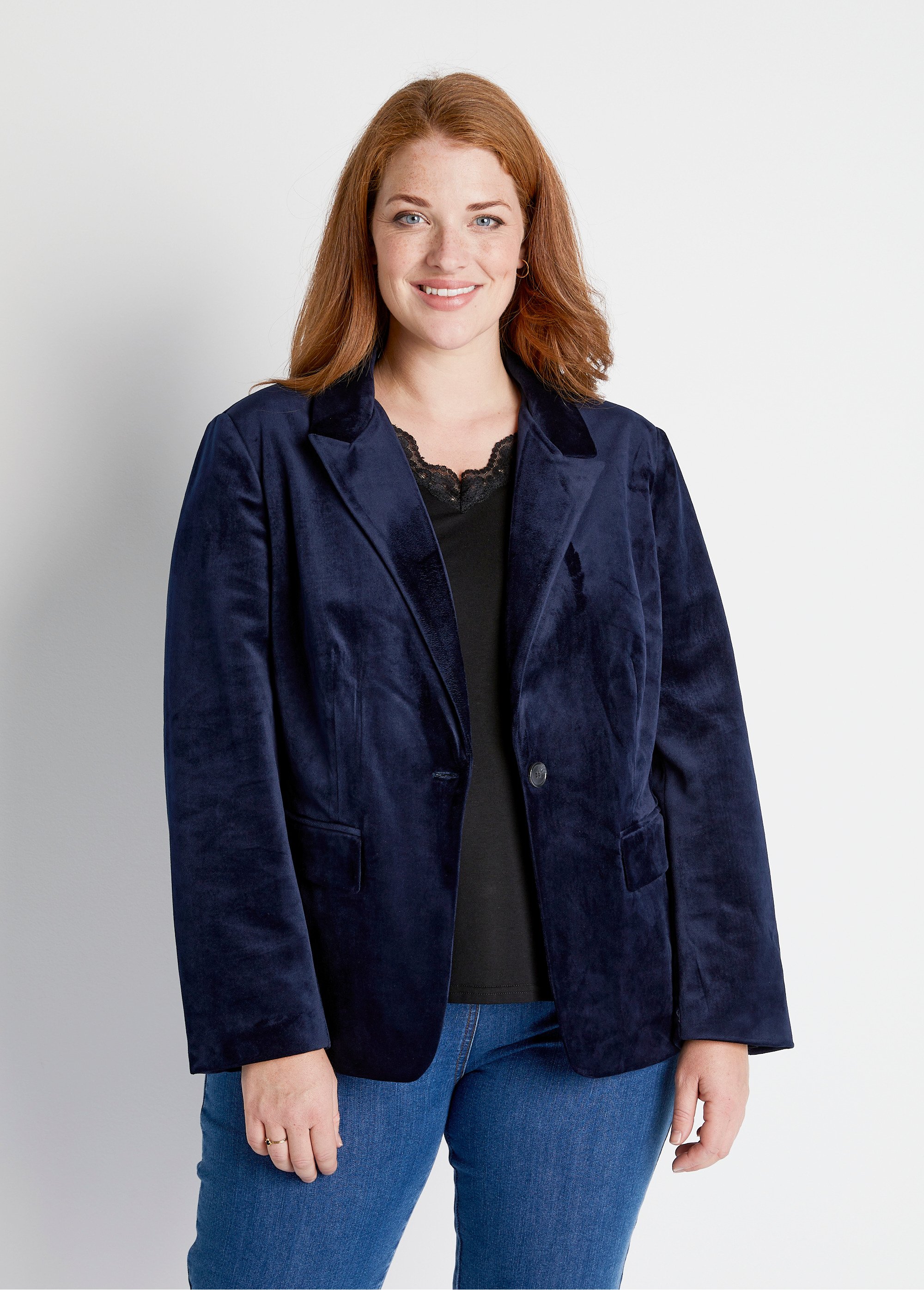 Veste blazer droite velours uni col tailleur Femme Grande Taille Bleu TIBUS FA2