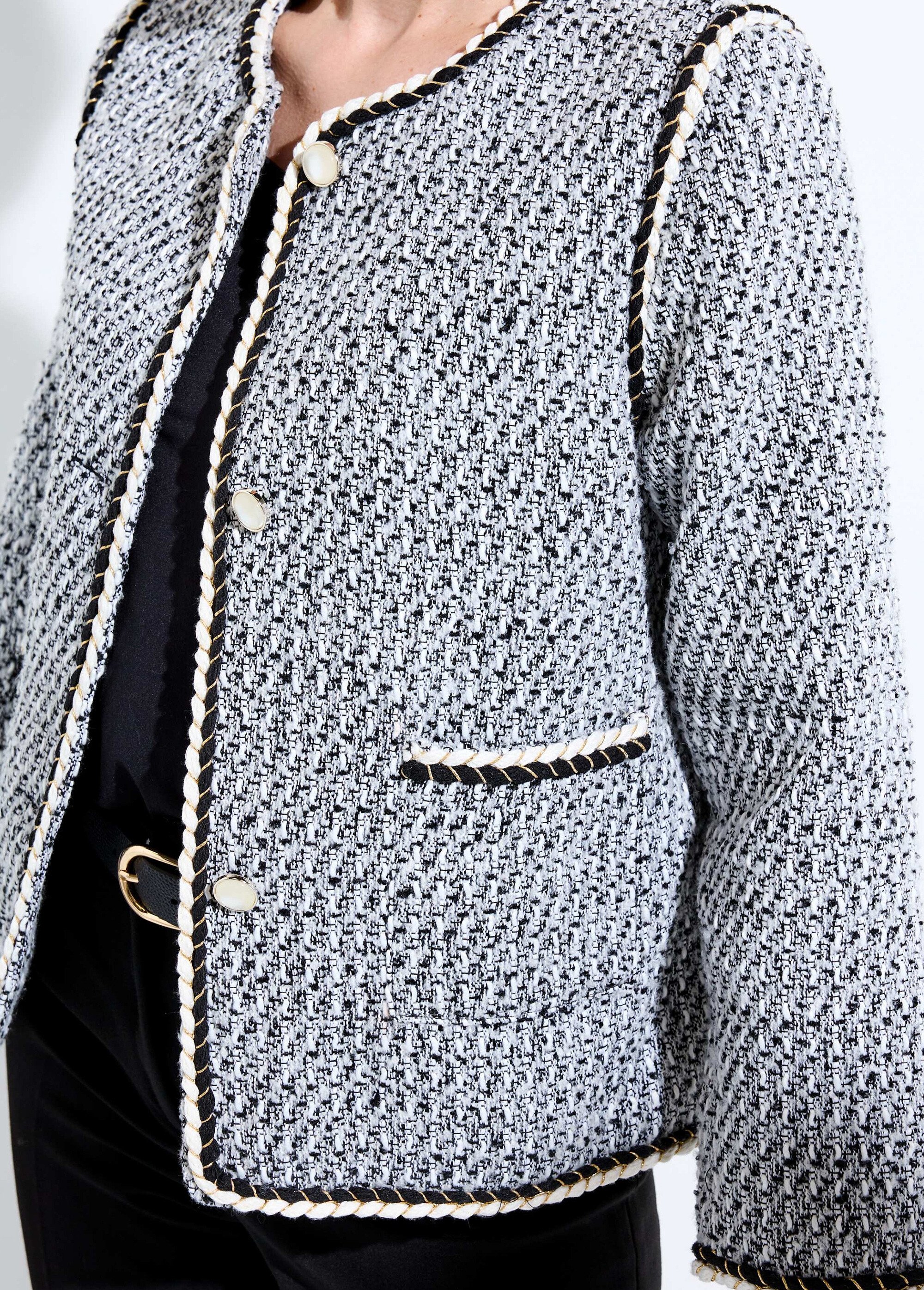 Veste courte sans col tissu effet tweed