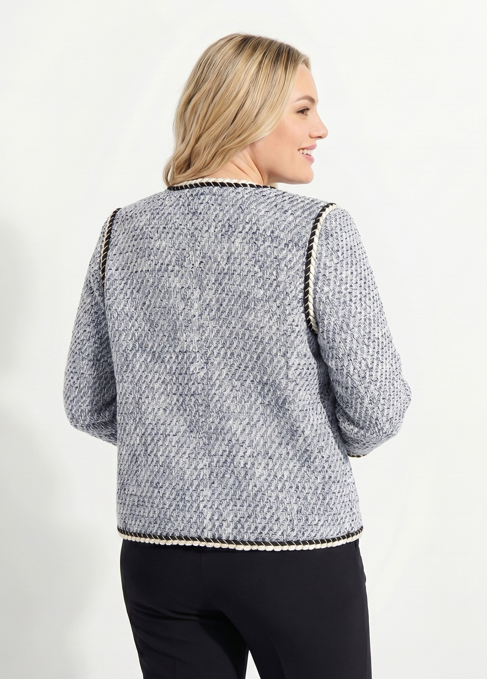 Veste courte sans col tissu effet tweed