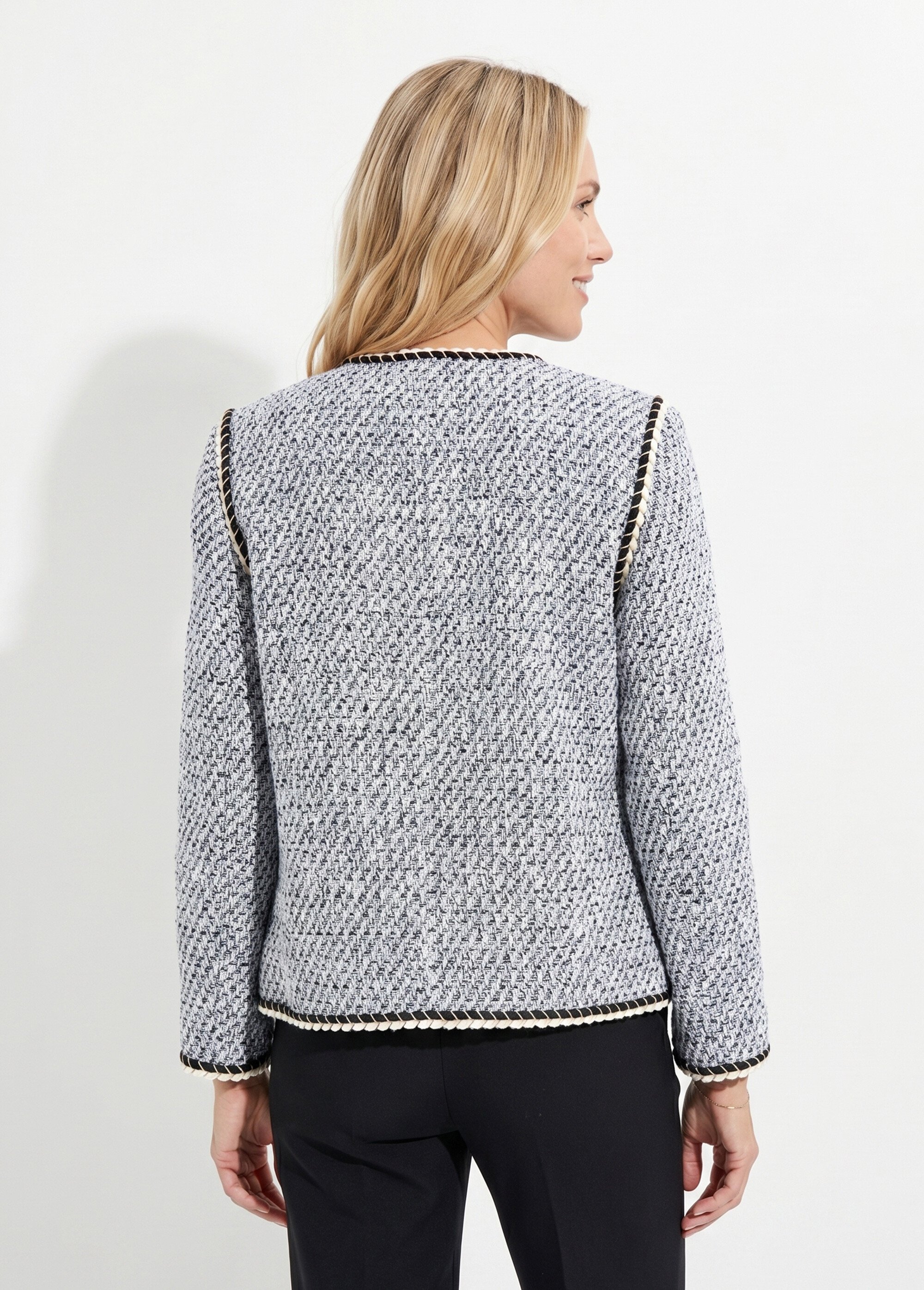 Veste courte sans col tissu effet tweed