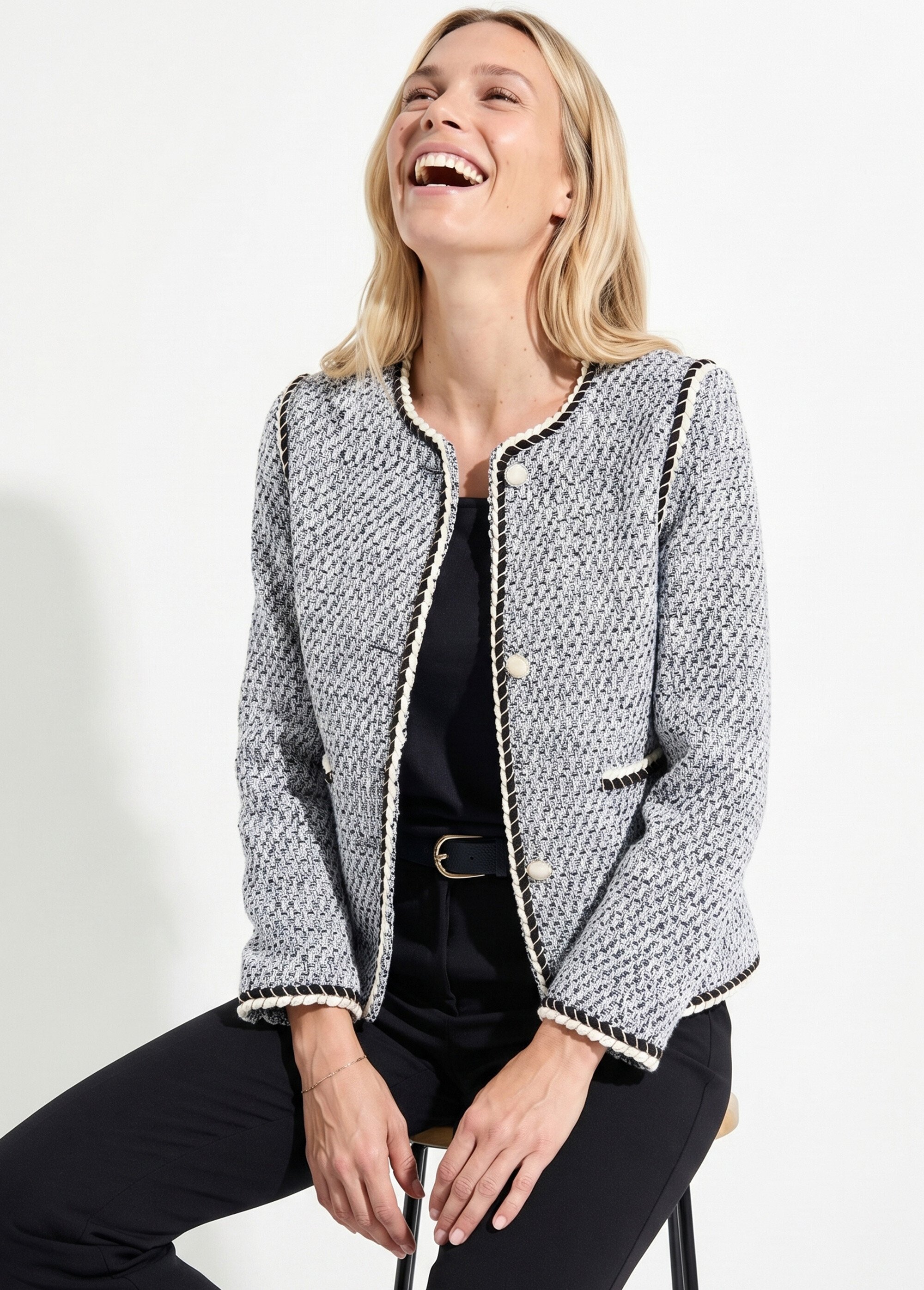 Veste courte sans col tissu effet tweed