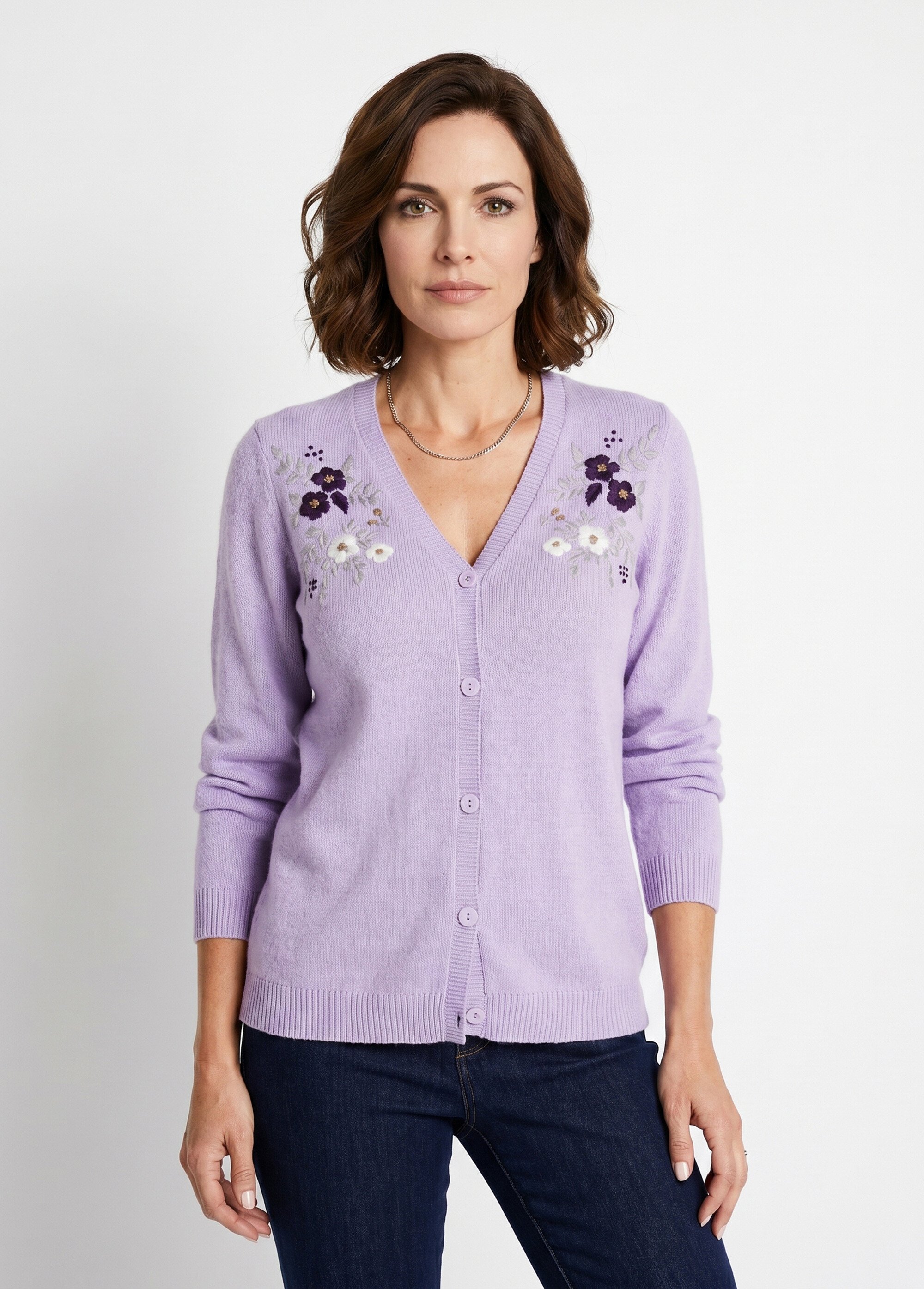 Gilet doux uni col V boutonné court brodé Femme Violet PELONNE FA1