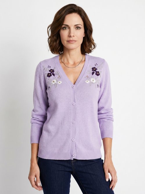 Gilet doux uni col V boutonné court brodé Femme Violet PELONNE FA1