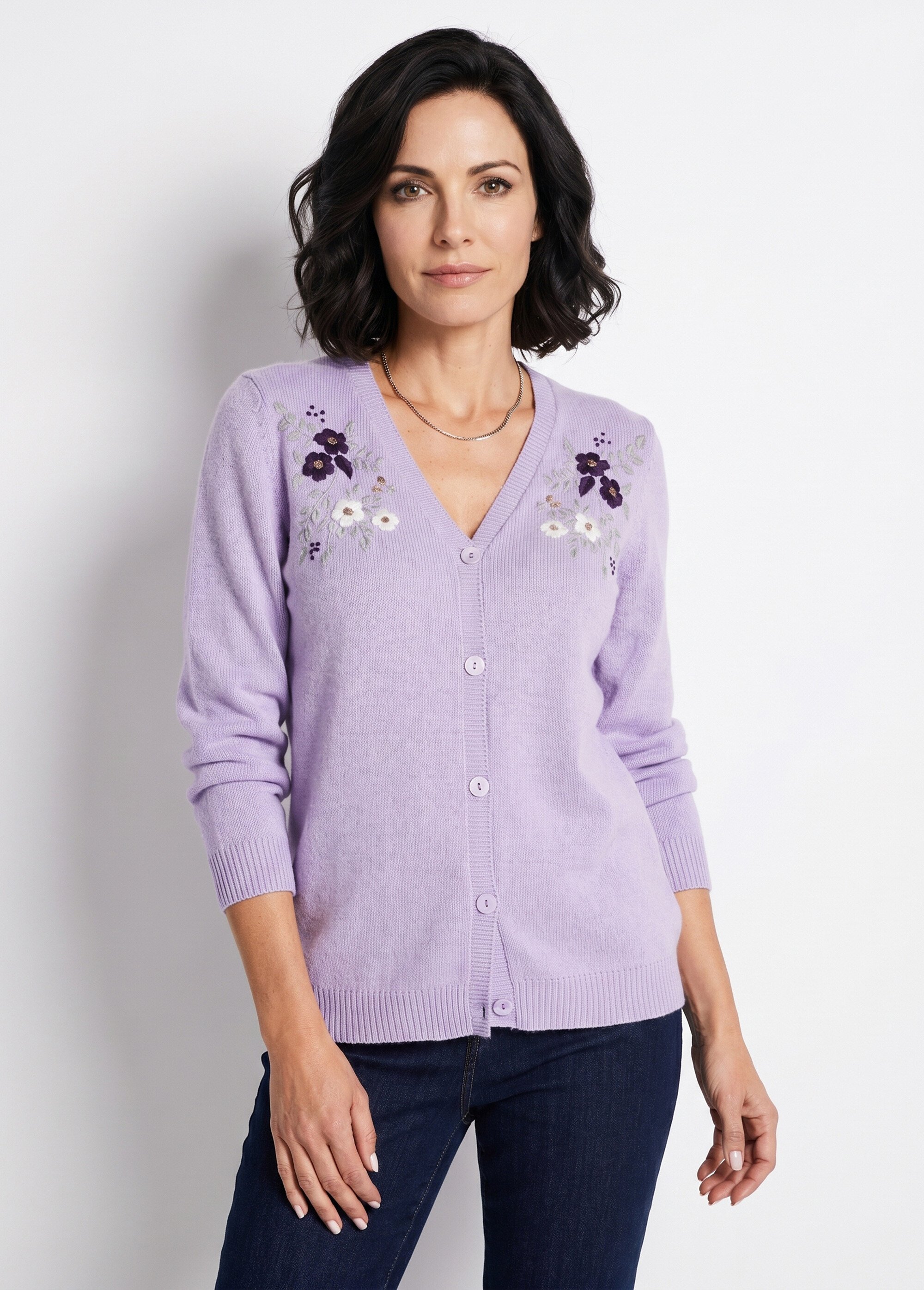 Gilet doux uni col V boutonné court brodé Femme Violet PELONNE MV1