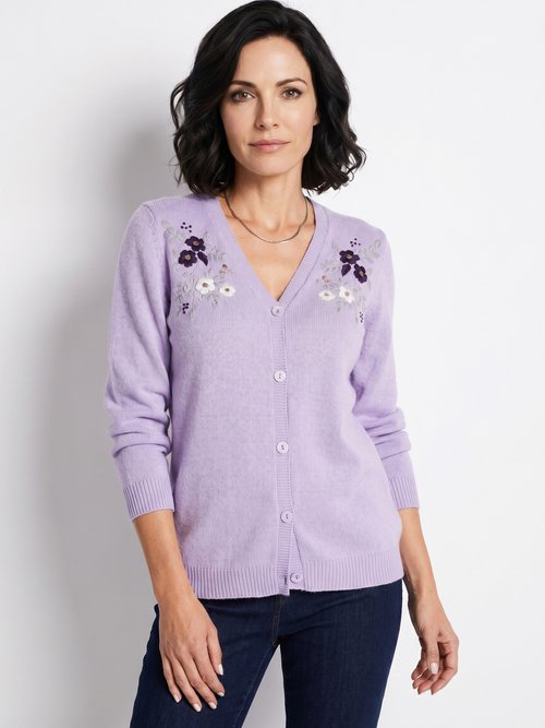 Gilet doux uni col V boutonné court brodé Femme Violet PELONNE MV1