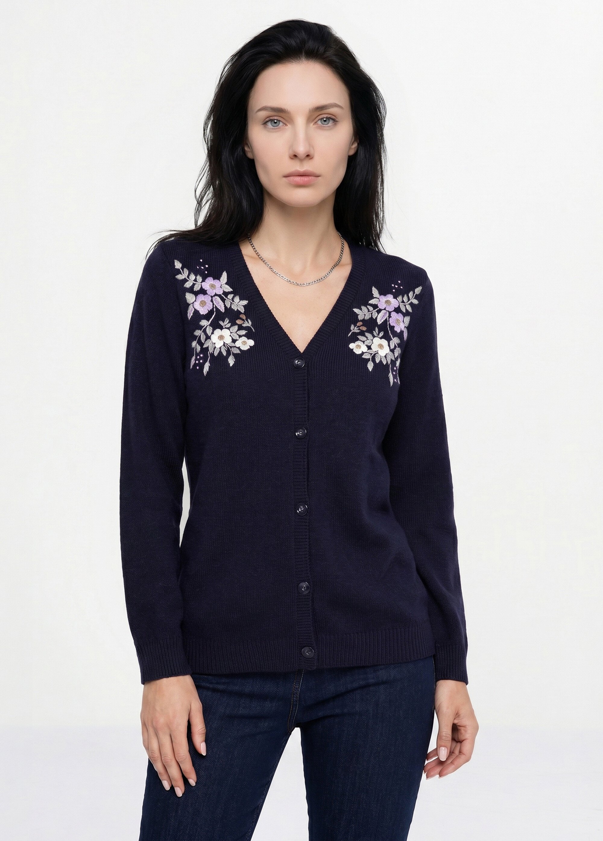 Gilet doux uni col V boutonné court brodé Femme Bleu PELONNE FA1