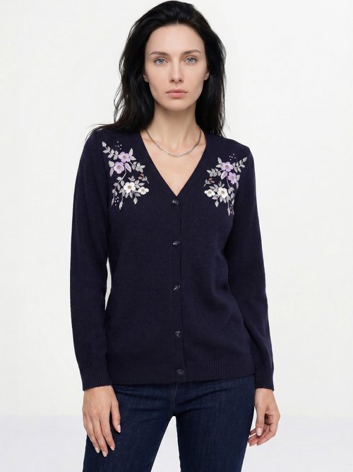 Gilet doux uni col V boutonné court brodé Femme Bleu PELONNE FA1