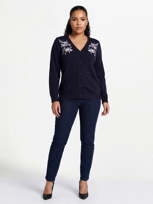 Gilet doux uni col V boutonné court brodé Femme Grande Taille Bleu PELONNE SI1