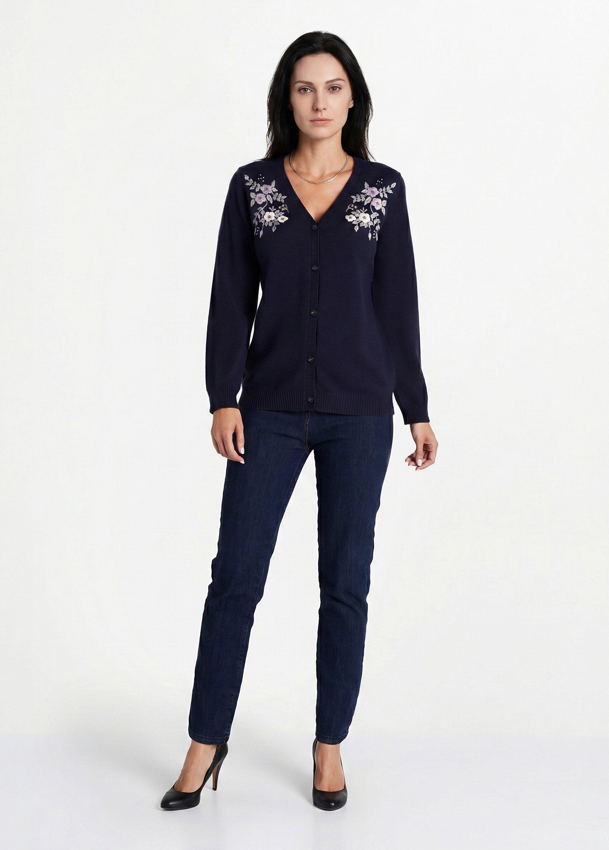 Gilet doux uni col V boutonné court brodé Femme Bleu PELONNE SI1
