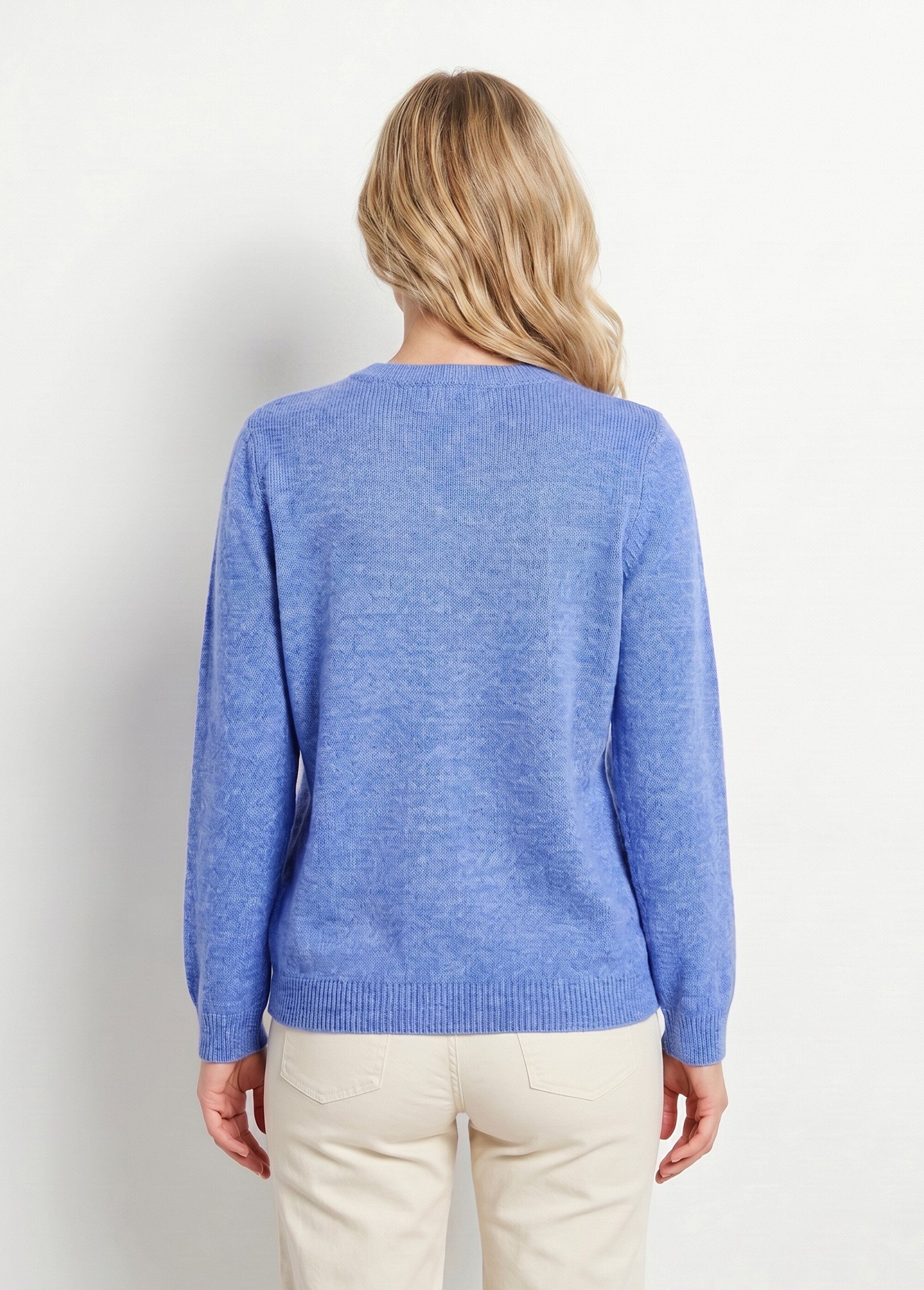 Gilet doux uni col V boutonné court brodé Femme Bleu PELONNE DO1