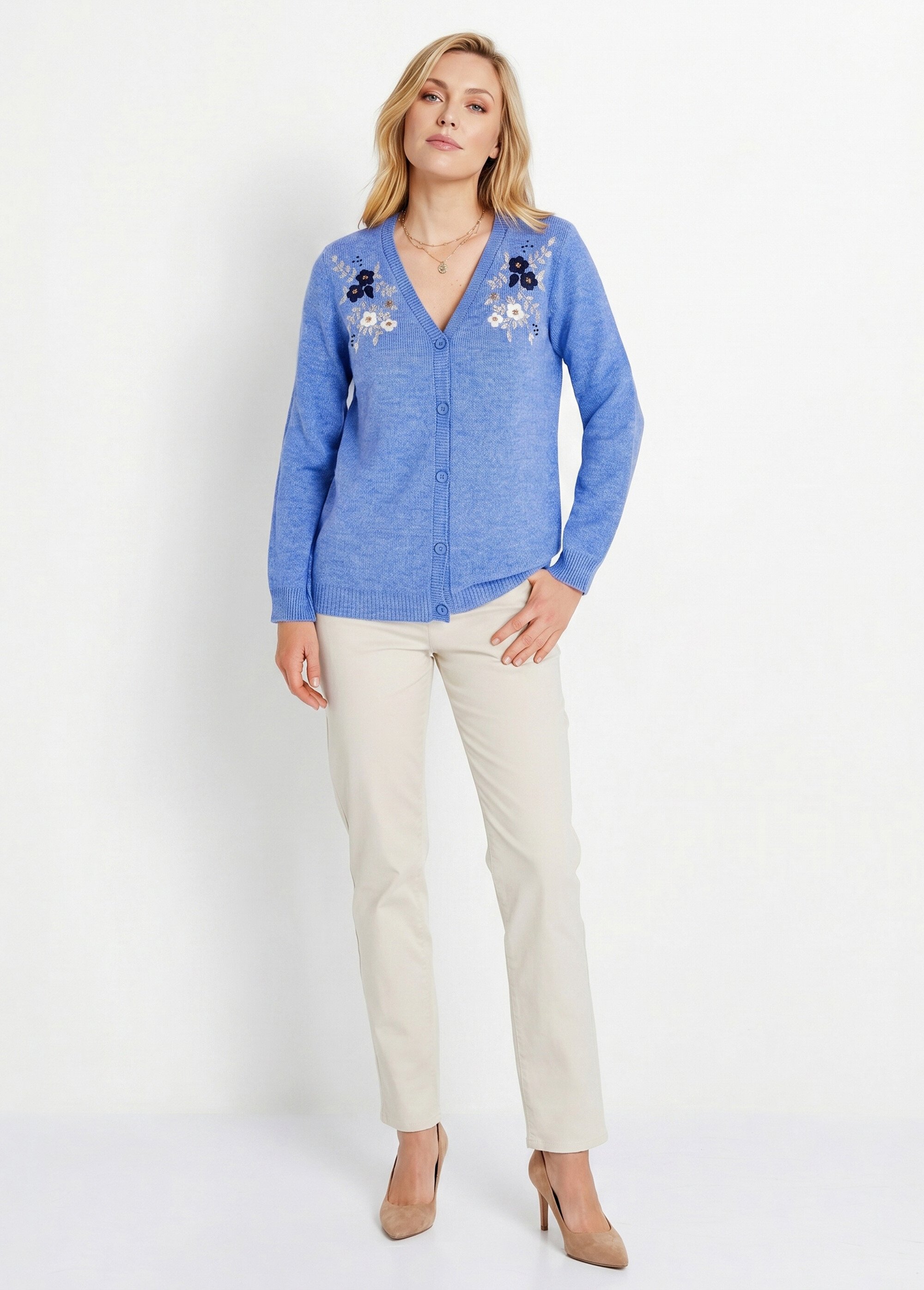 Gilet doux uni col V boutonné court brodé Femme Bleu PELONNE SI1