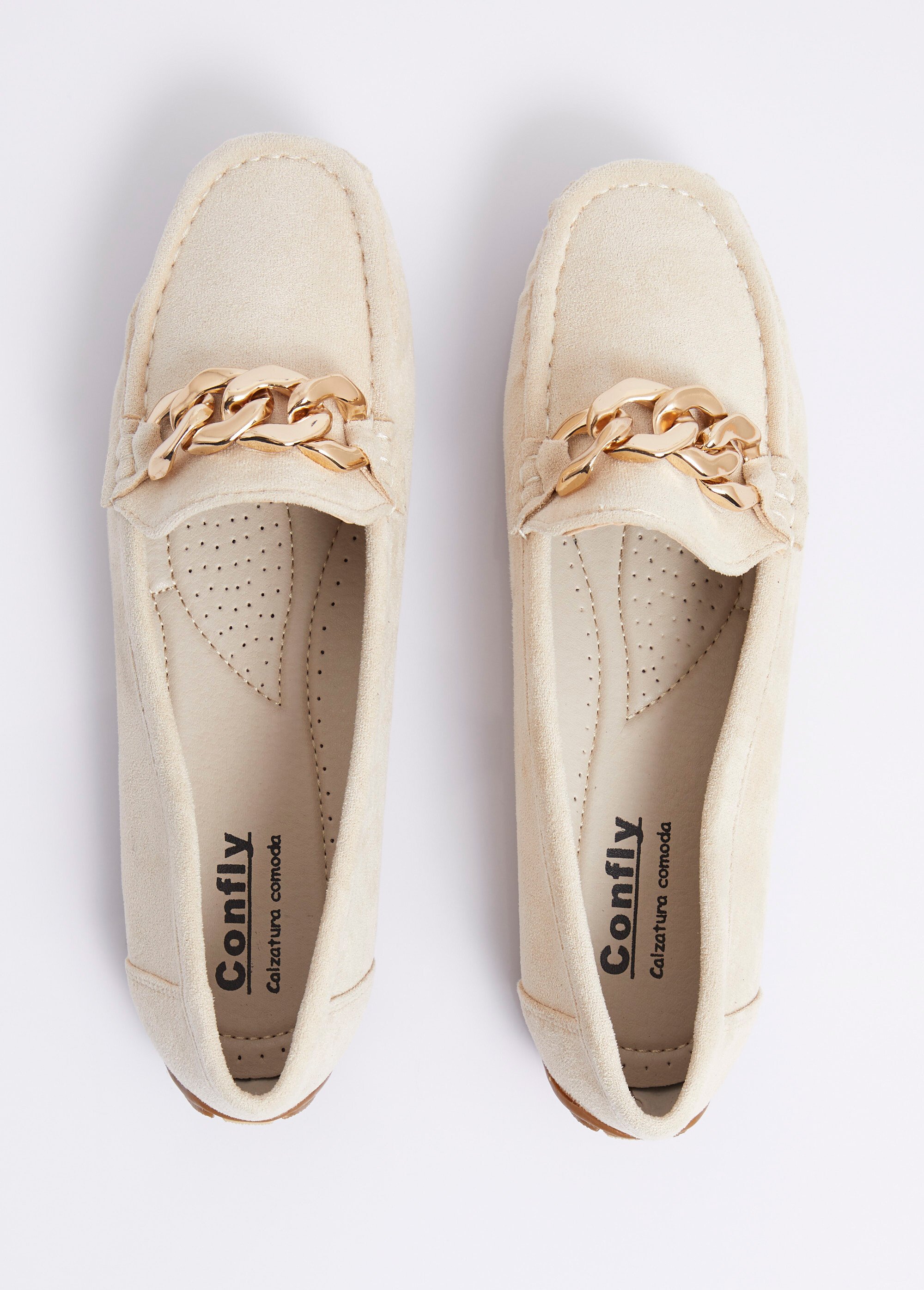 Mocassins suédine, bride maillons métal Femme Beige JANNXA011 OV1