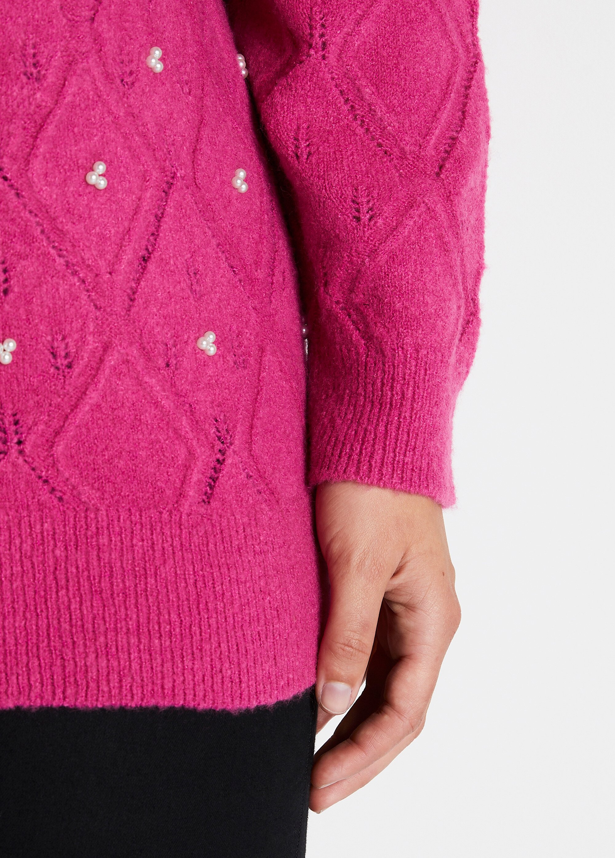 Pull doux ajouré perlé col montant Femme Rose PIANA DE2