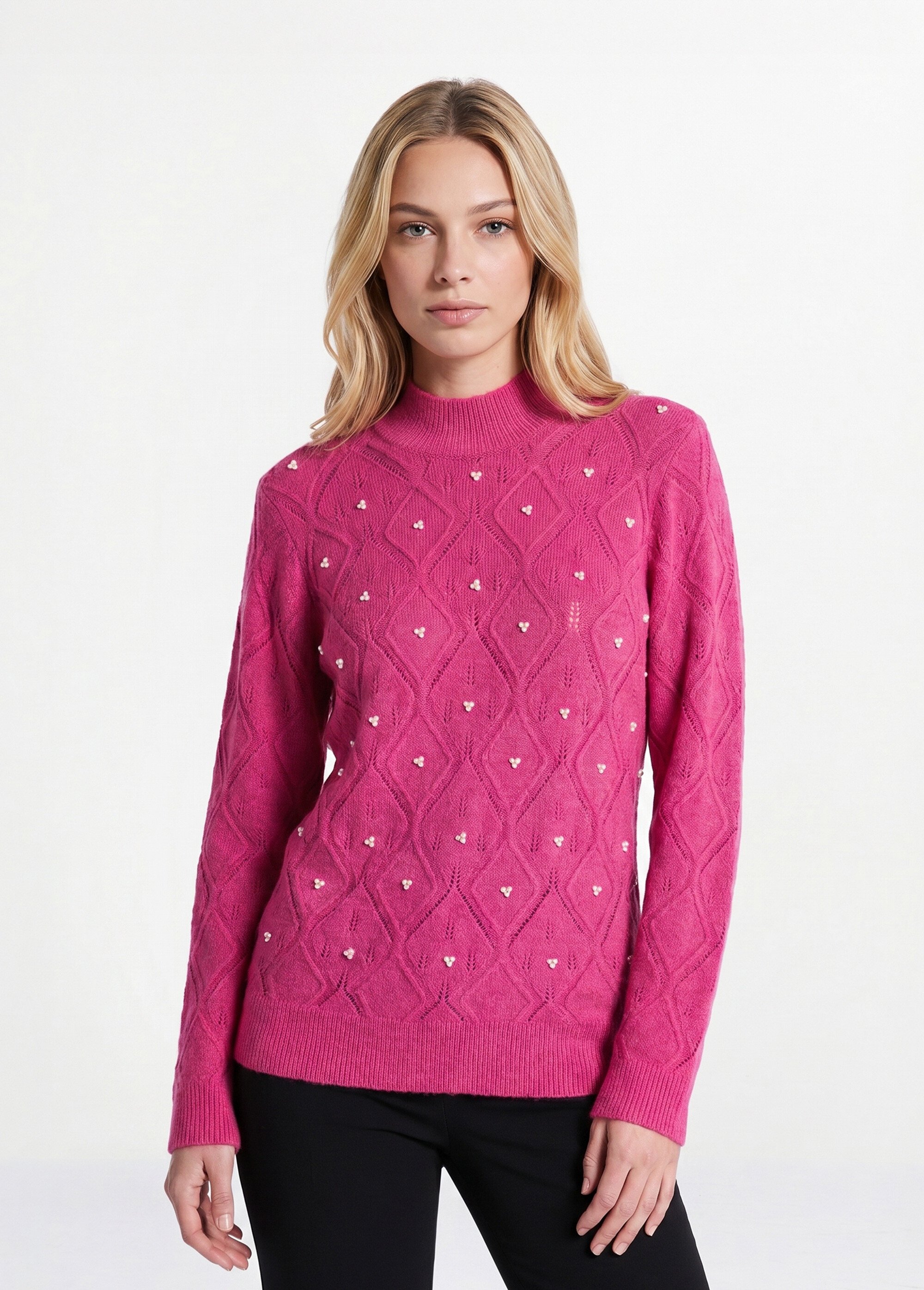 Pull doux ajouré perlé col montant Femme Rose PIANA FA1