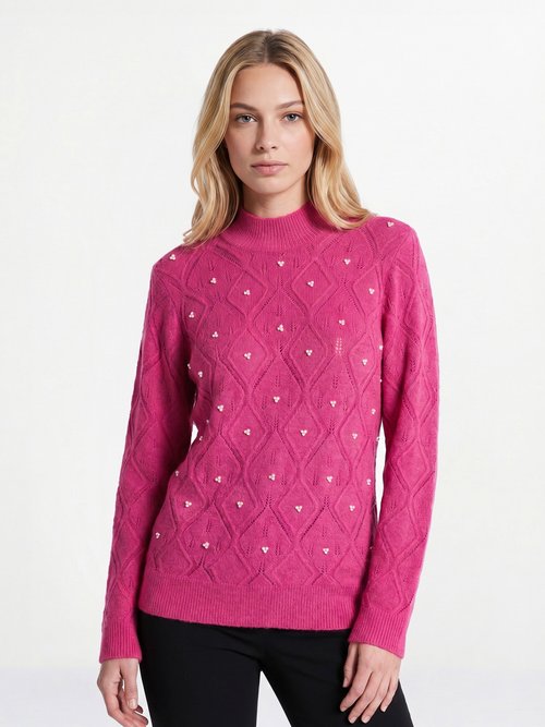Pull doux ajouré perlé col montant Femme Rose PIANA FA1