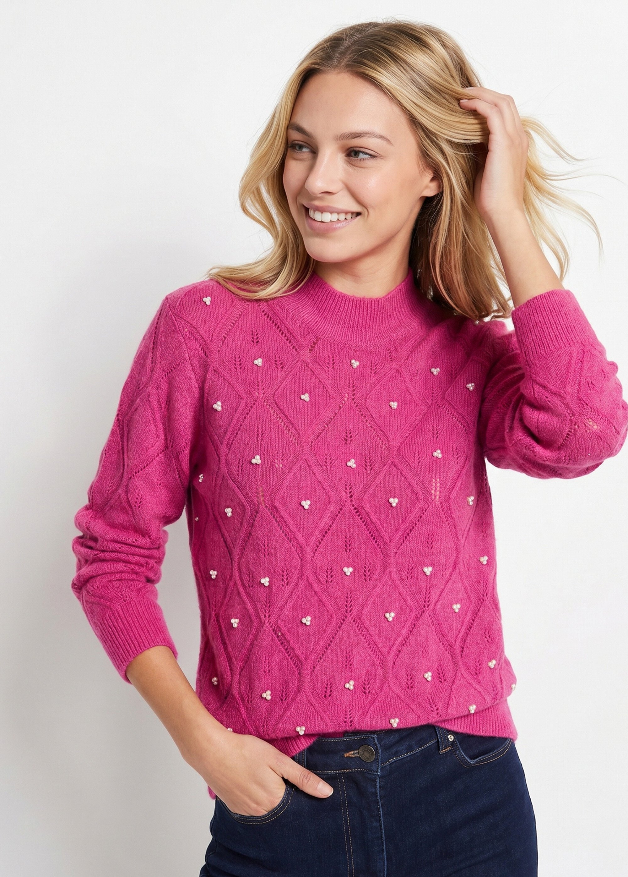 Pull doux ajouré perlé col montant Femme Rose PIANA MV1