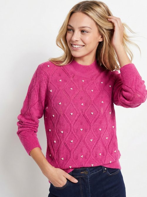 Pull doux ajouré perlé col montant Femme Rose PIANA MV1