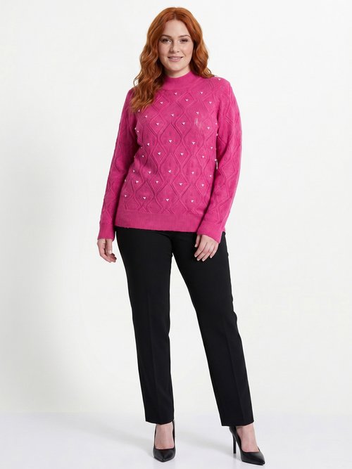 Pull doux ajouré perlé col montant Femme Grande Taille Rose PIANA SI1