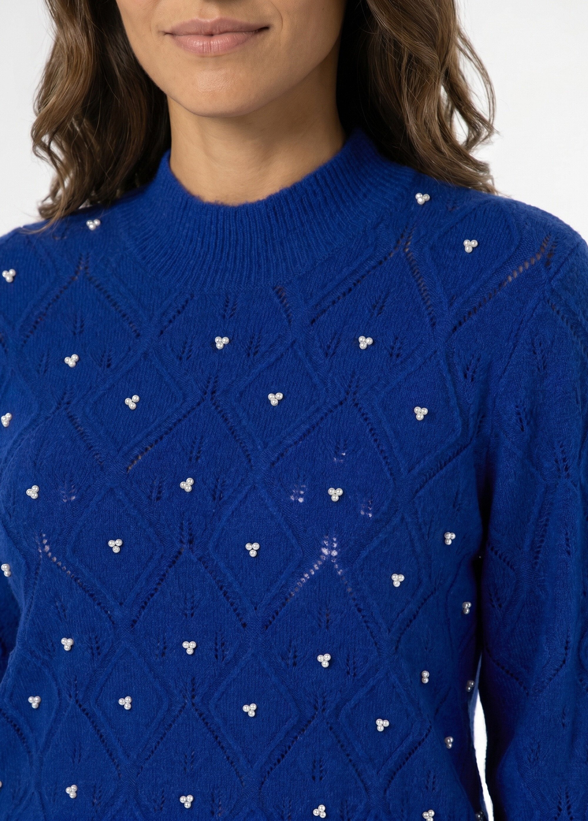 Pull doux ajouré perlé col montant Femme Bleu PIANA DE1