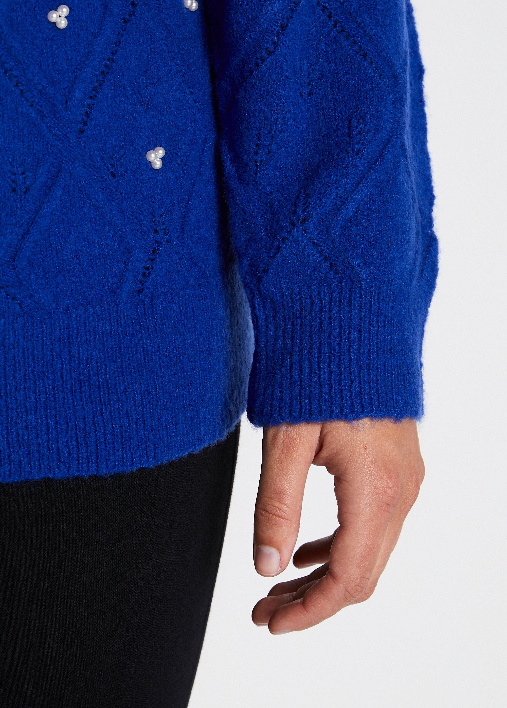 Pull doux ajouré perlé col montant Femme Bleu PIANA DE2