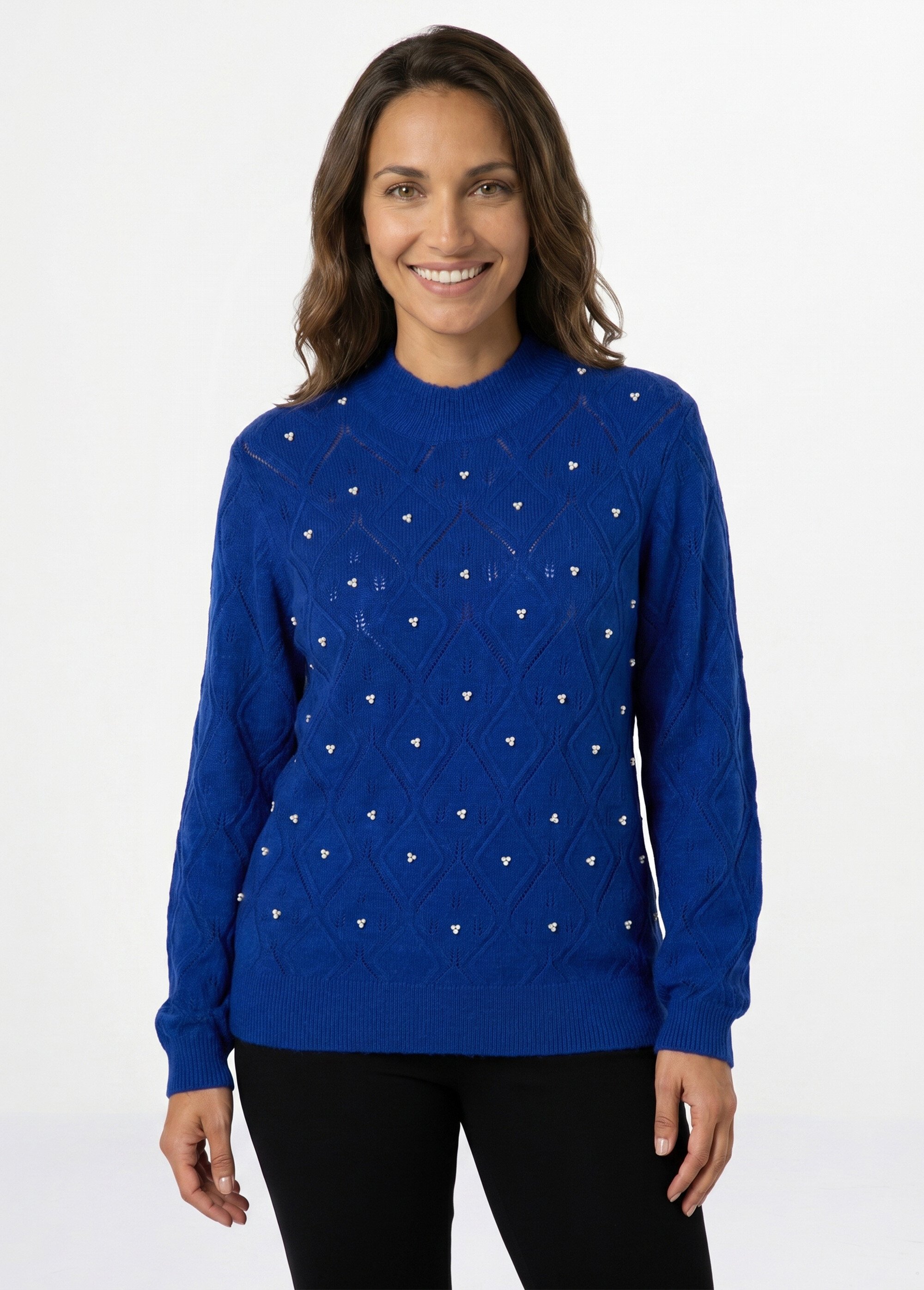 Pull doux ajouré perlé col montant Femme Bleu PIANA FA1