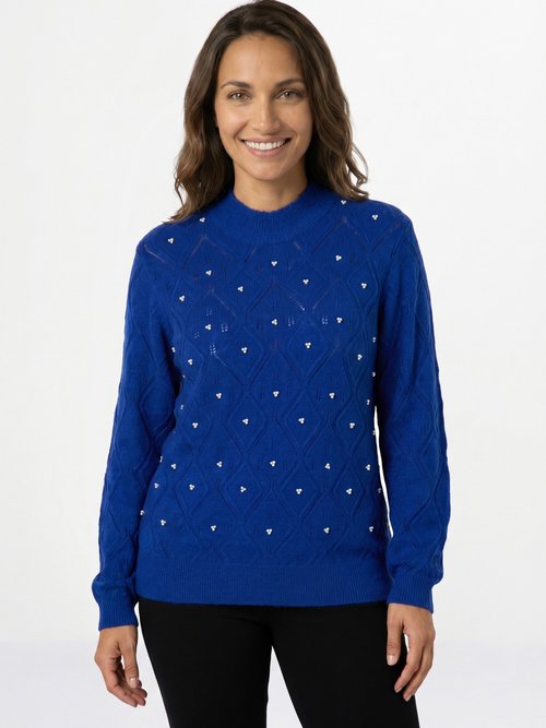 Pull doux ajouré perlé col montant Femme Bleu PIANA FA1