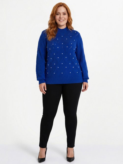 Pull doux ajouré perlé col montant Femme Grande Taille Bleu PIANA SI1