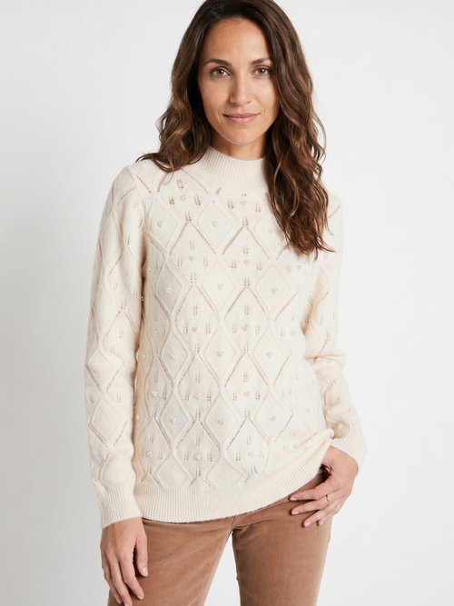 Pull doux ajouré perlé col montant Femme Beige PIANA FA1