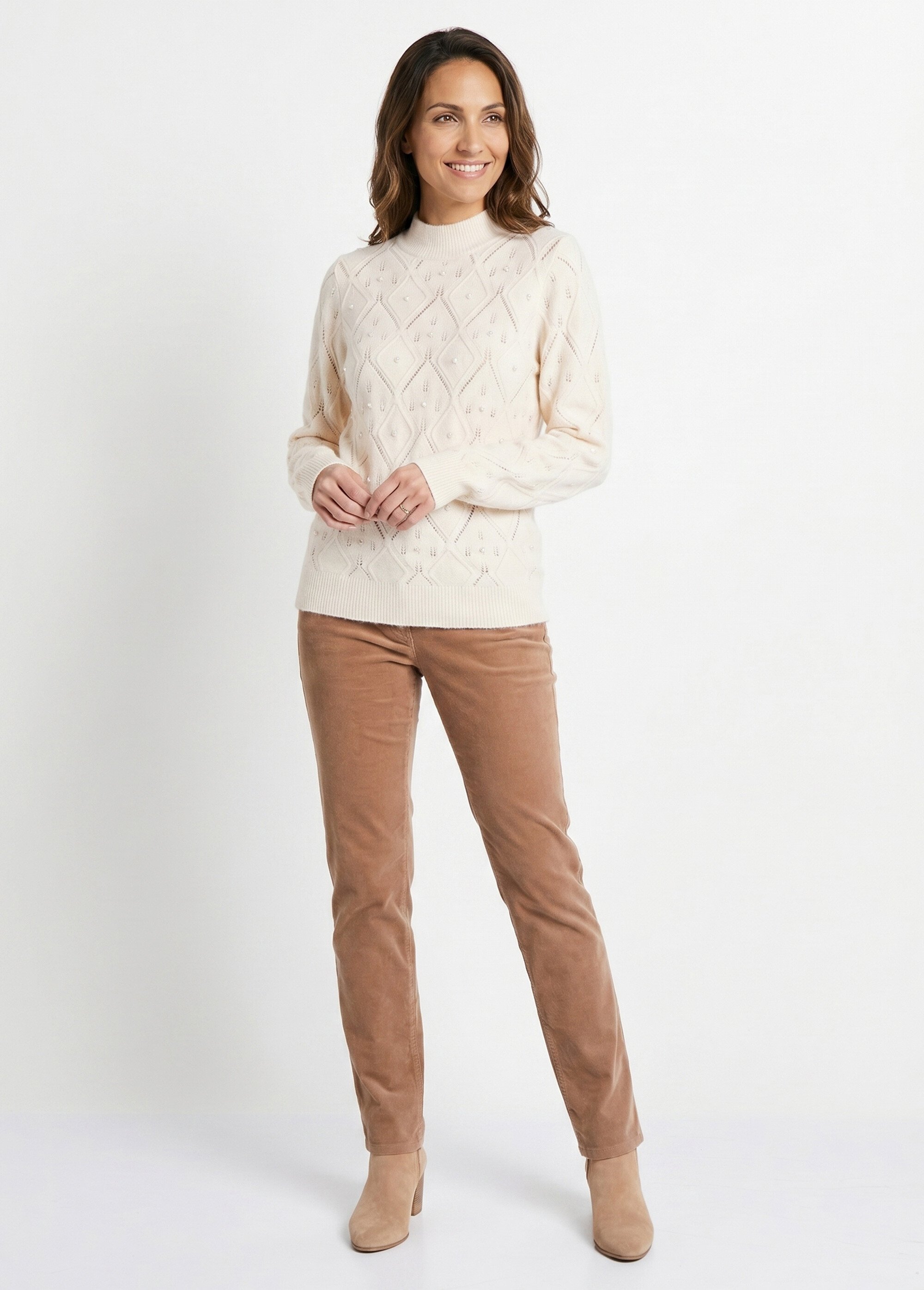 Pull doux ajouré perlé col montant Femme Beige PIANA SI1