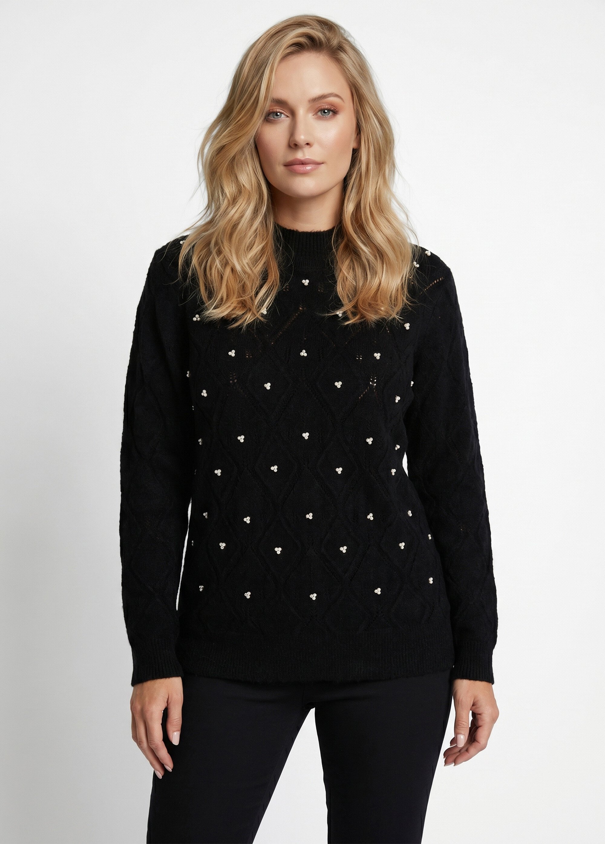 Pull doux ajouré perlé col montant Femme Noir PIANA FA1
