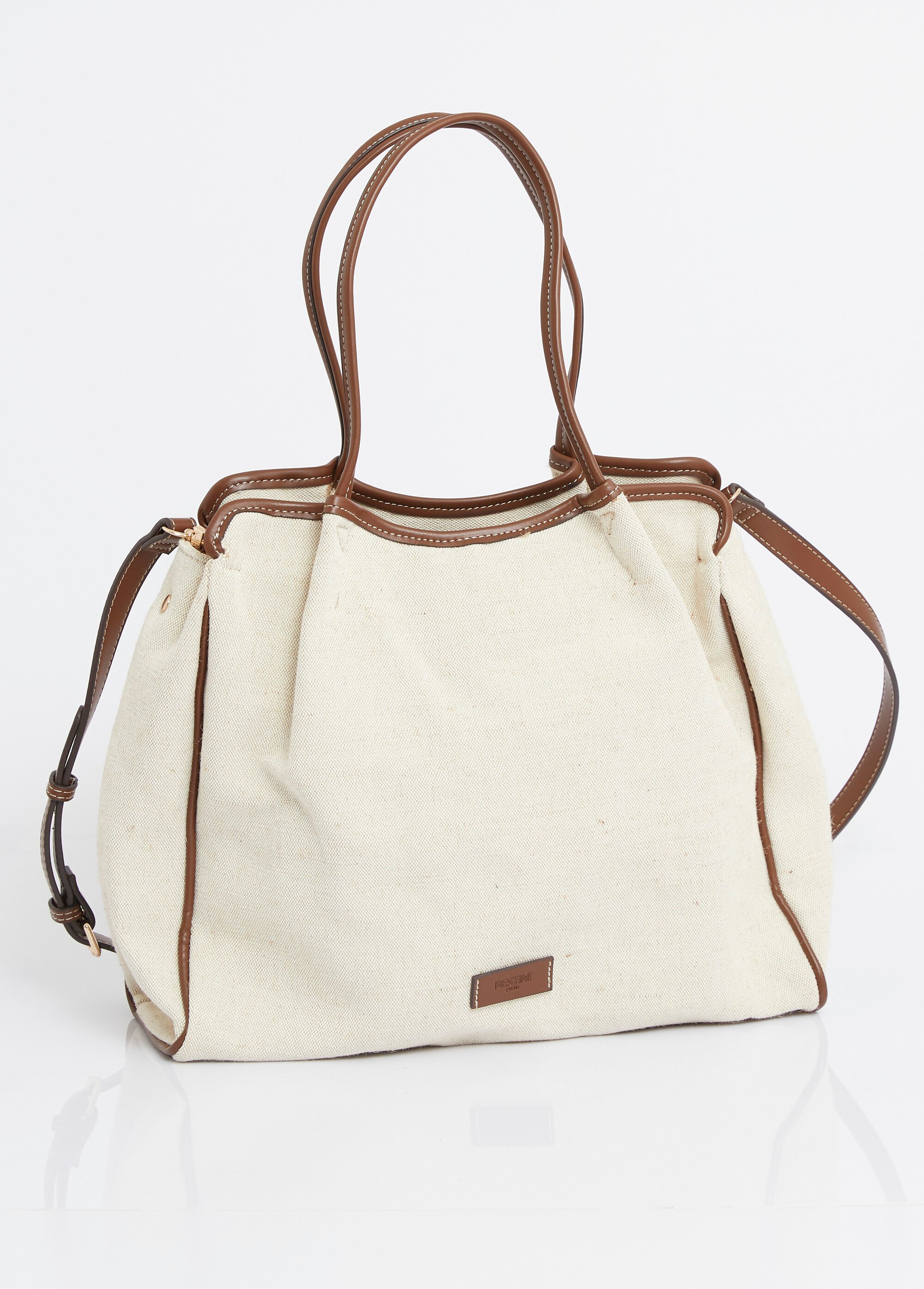 Sac shopping toile, détails simili cuir Femme Beige MIM92590-6 DO1