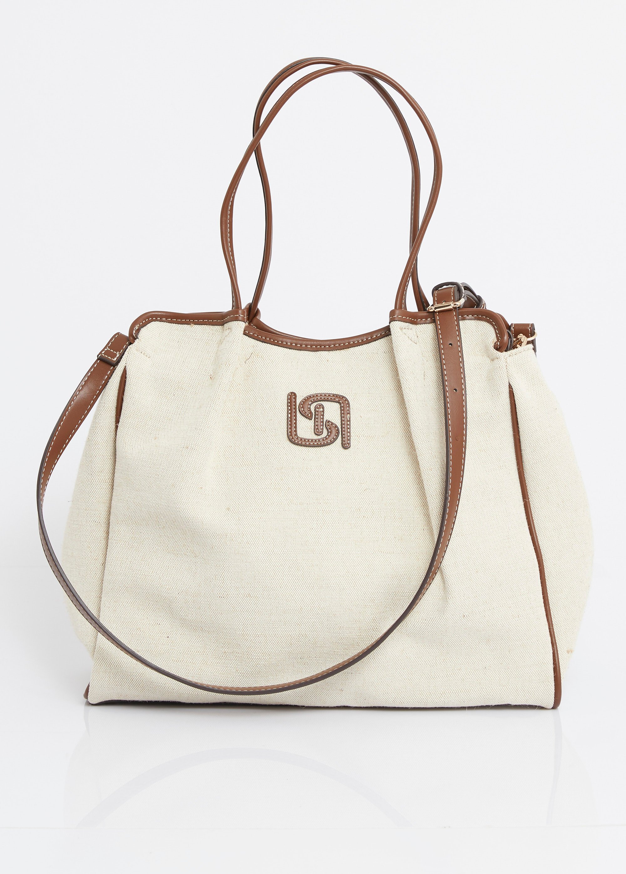 Sac shopping toile, détails simili cuir Femme Beige MIM92590-6 FA1