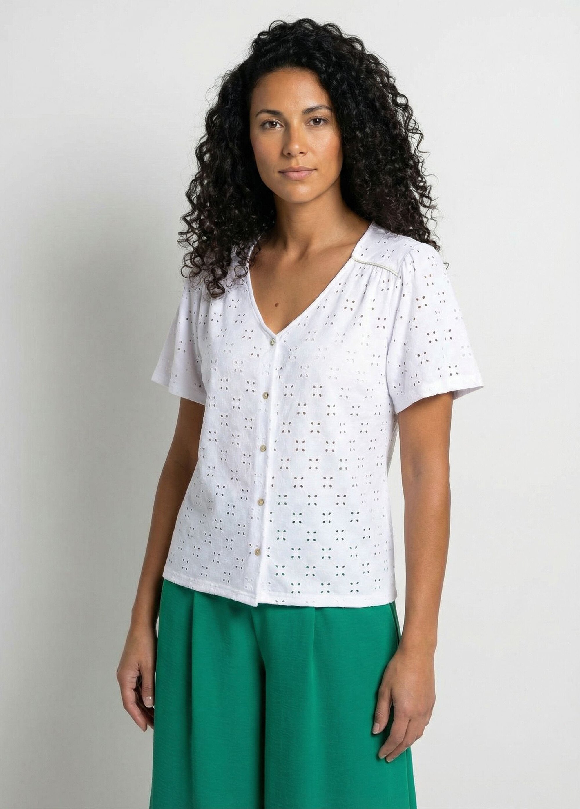 T-shirt col V maille effet broderie Femme Blanc CADIA FA1