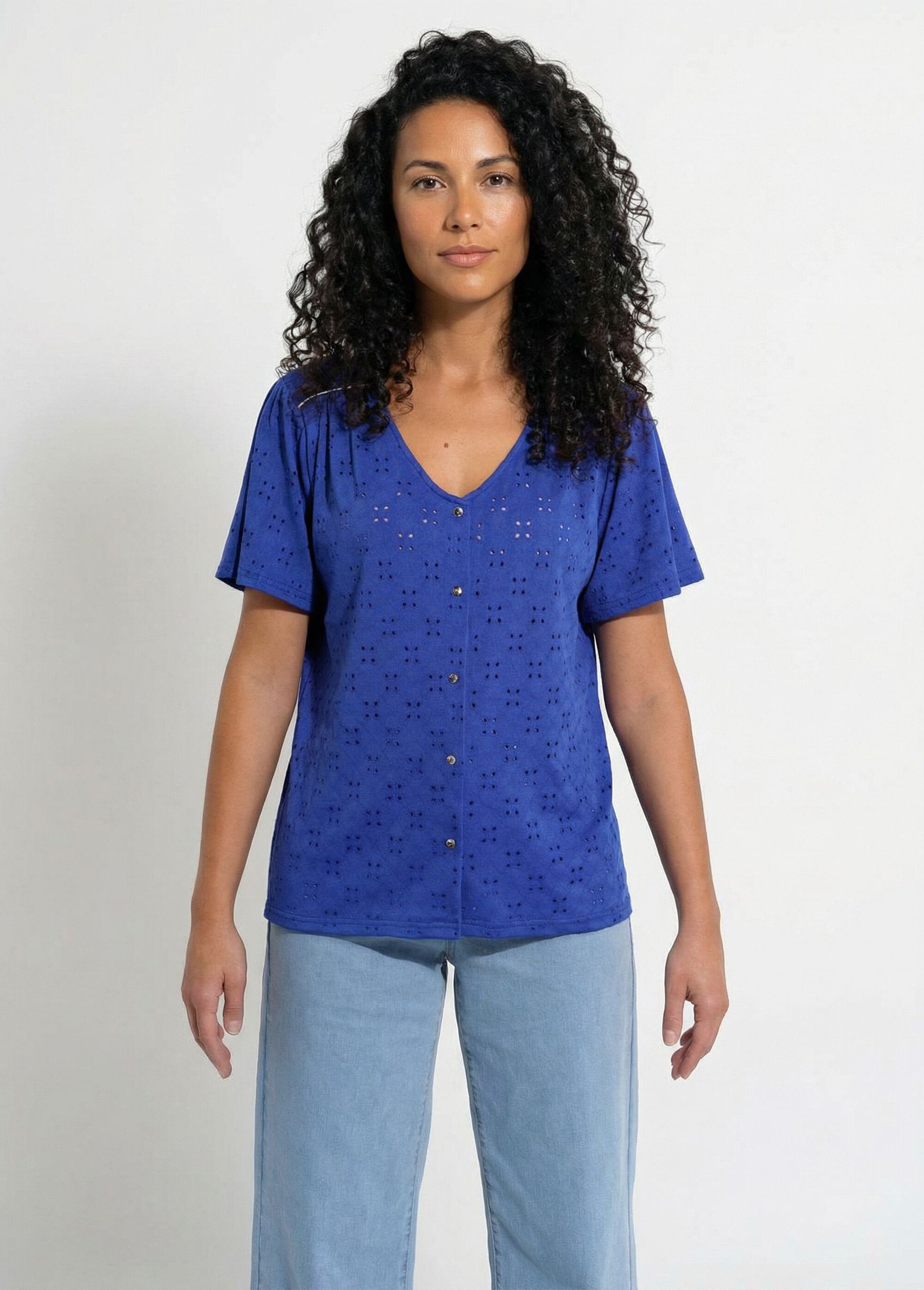 T-shirt col V maille effet broderie Femme BLEU DUR CADIA FA1