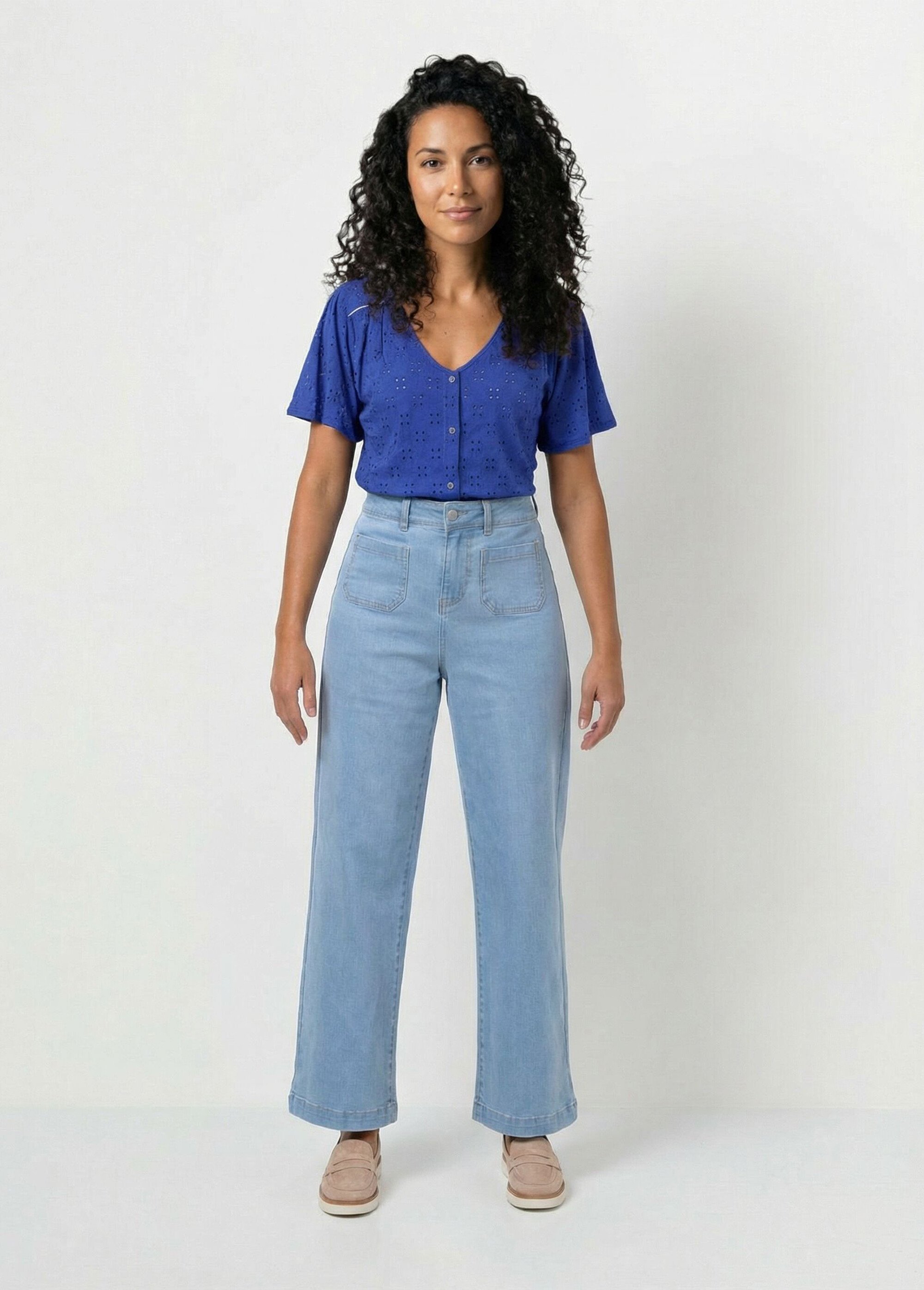 T-shirt col V maille effet broderie Femme BLEU DUR CADIA SF1