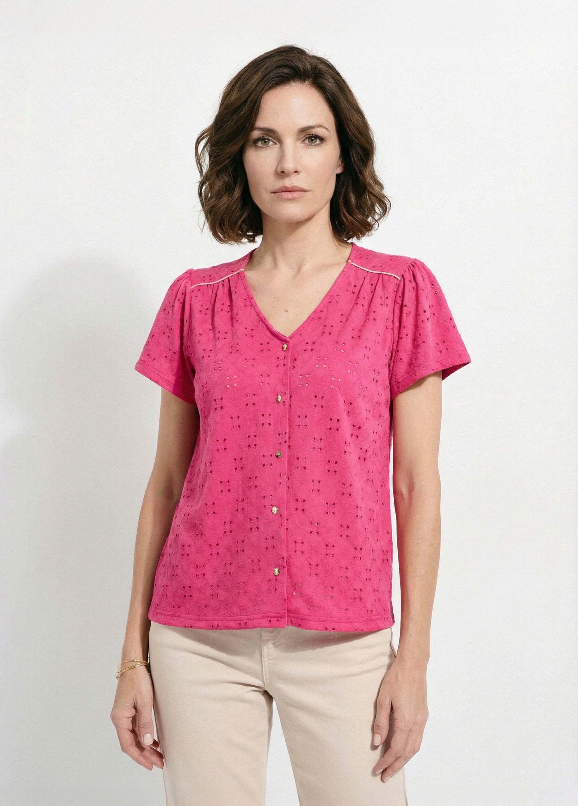 T-shirt col V maille effet broderie Femme Rose CADIA FA1