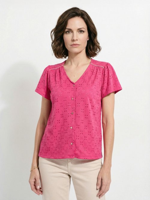 T-shirt col V maille effet broderie Femme Rose CADIA FA1