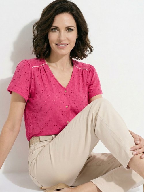 T-shirt col V maille effet broderie Femme Rose CADIA MV1