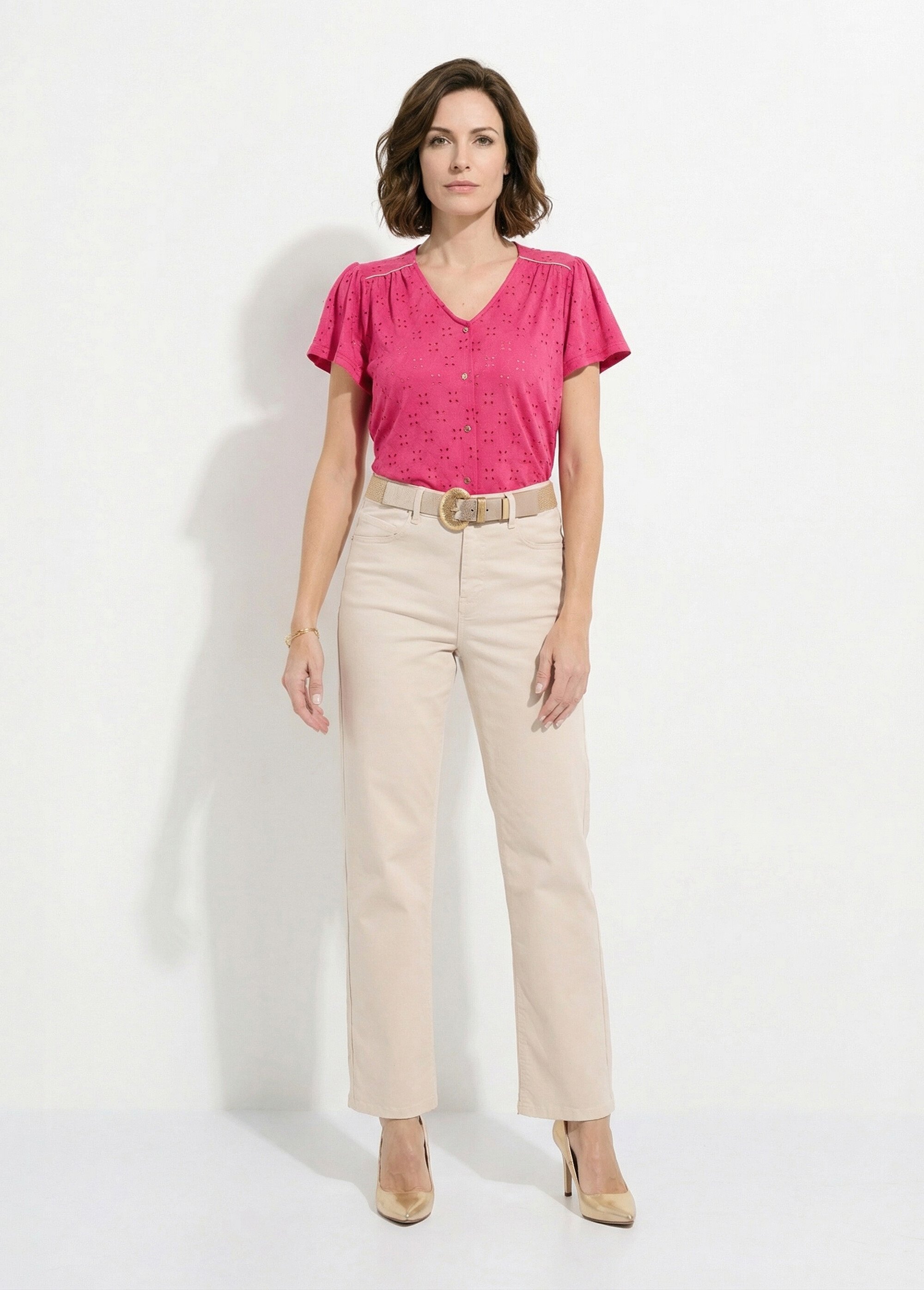 T-shirt col V maille effet broderie Femme Rose CADIA SF1